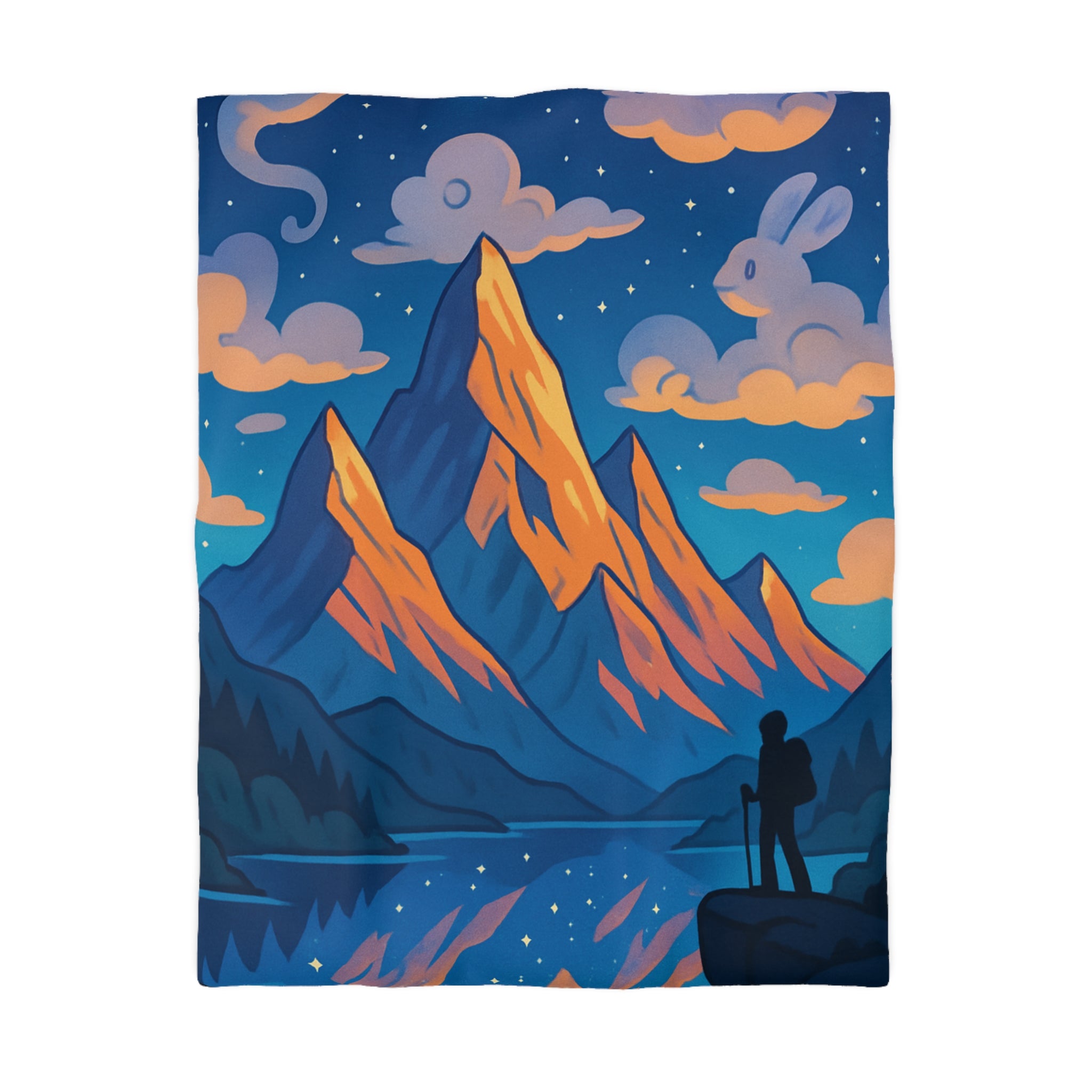 Housse de couette montagne magique avec nuages en forme d'animaux dans le ciel nocturne