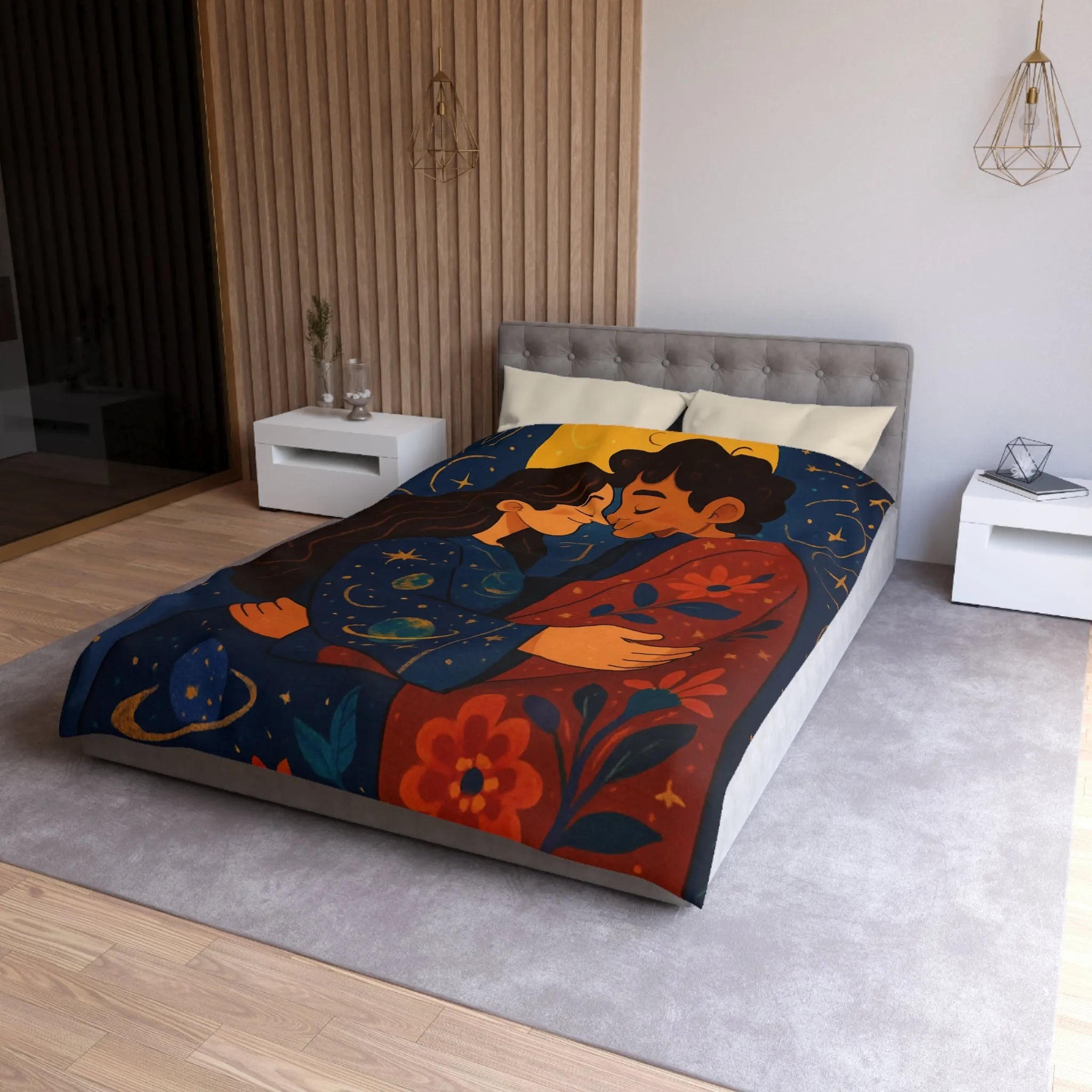 Housse de couette avec illustration romantique au clair de lune et motifs celestes