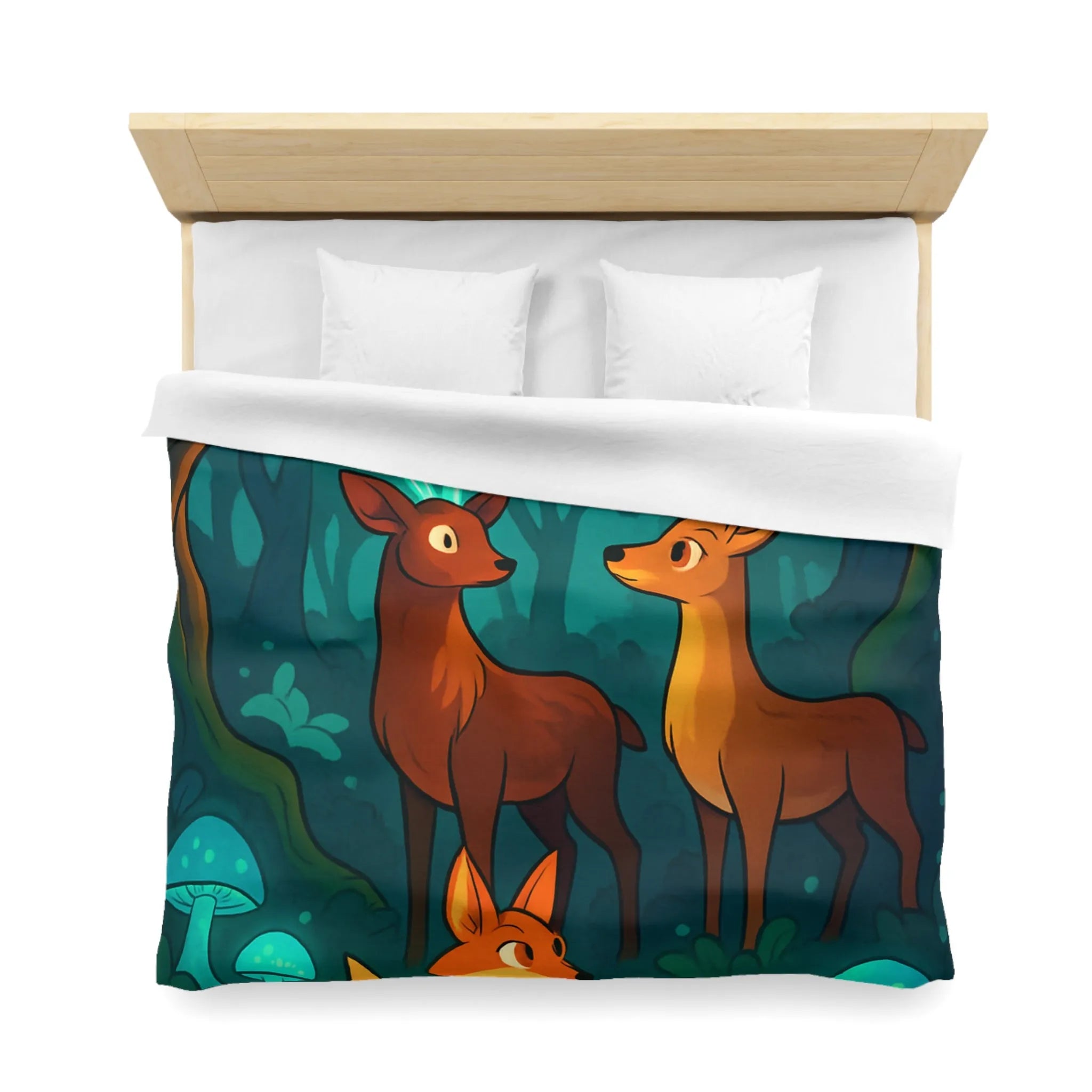 Housse de couette avec animaux de forêt et champignons sous lumière lunaire magique