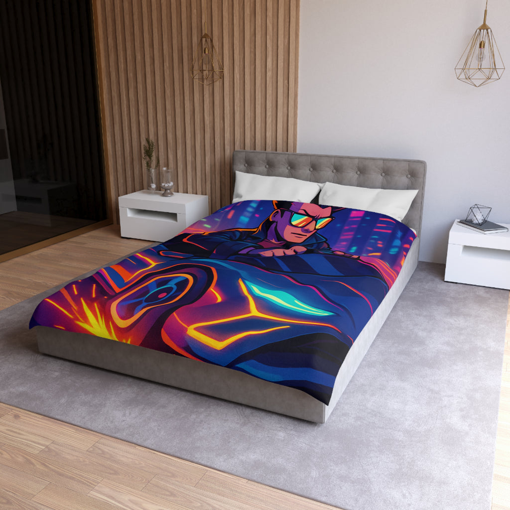 Housse de couette urbaine rétro futuriste avec néons et voiture sportive élégante