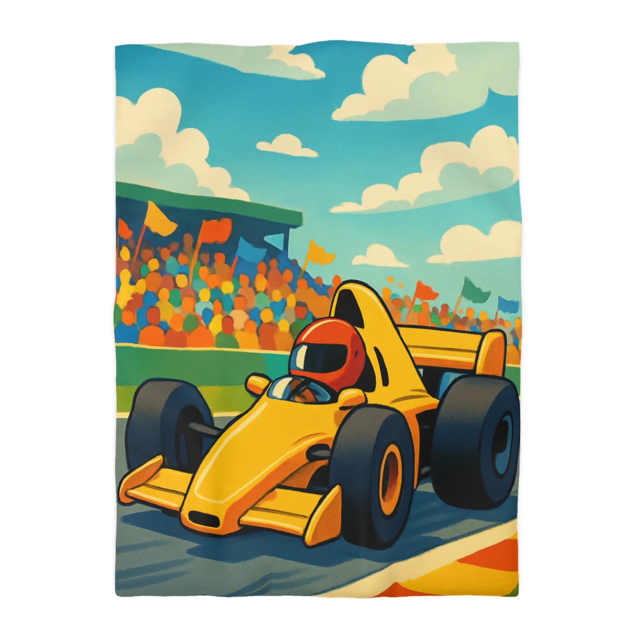 Housse de couette enfant voiture de course jaune circuit ambiance dynamique et colorée