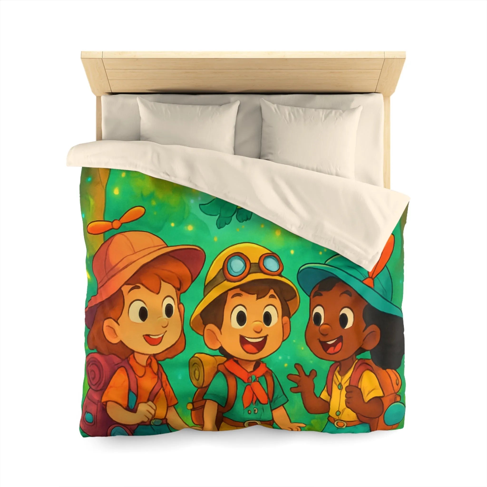 Housse de couette enfants aventure forêt avec dragons et jeunes explorateurs joyeux