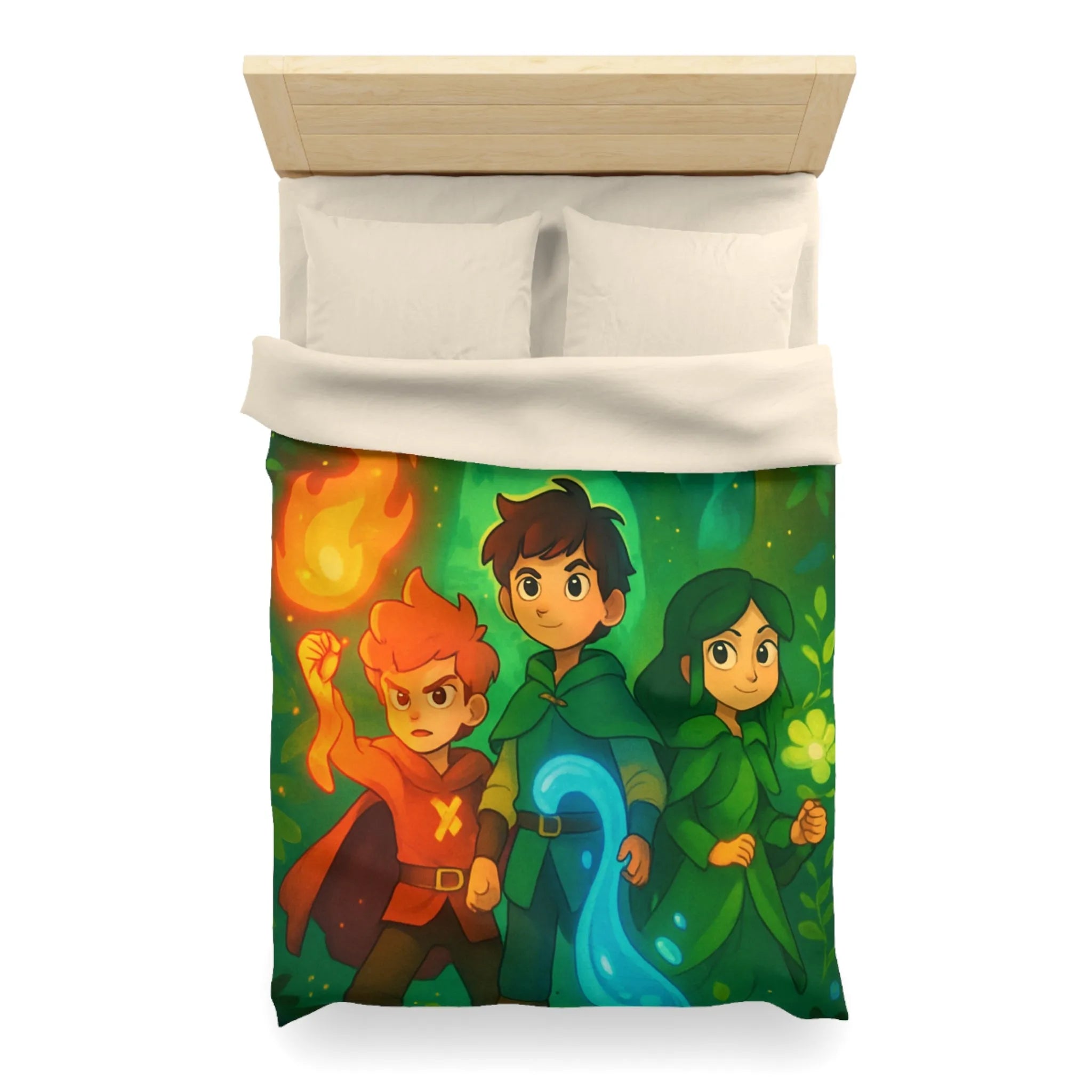 Housse de couette enchantée avec personnages magiques dans une forêt lumineuse et colorée