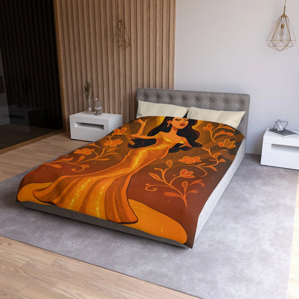 Élégante illustration de femme en robe dorée longue avec fleurs et effets lumineux