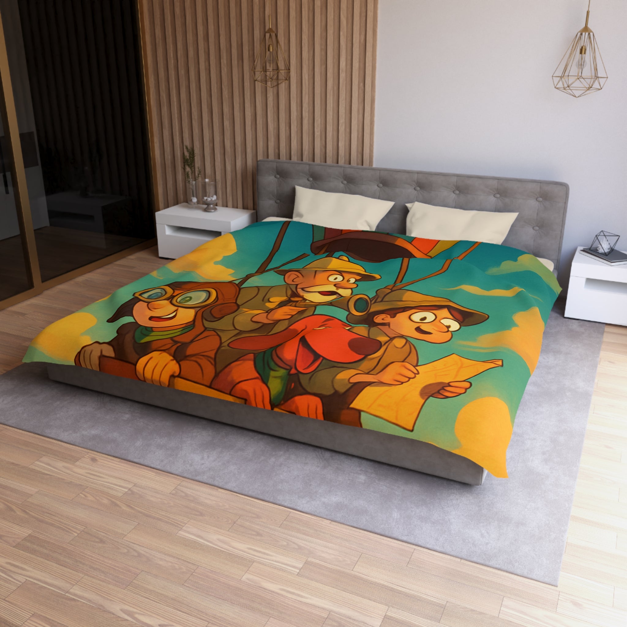 Housse de Couette Montgolfière Aventure Enfants et Chien Colorée pour Chambres Ludiques