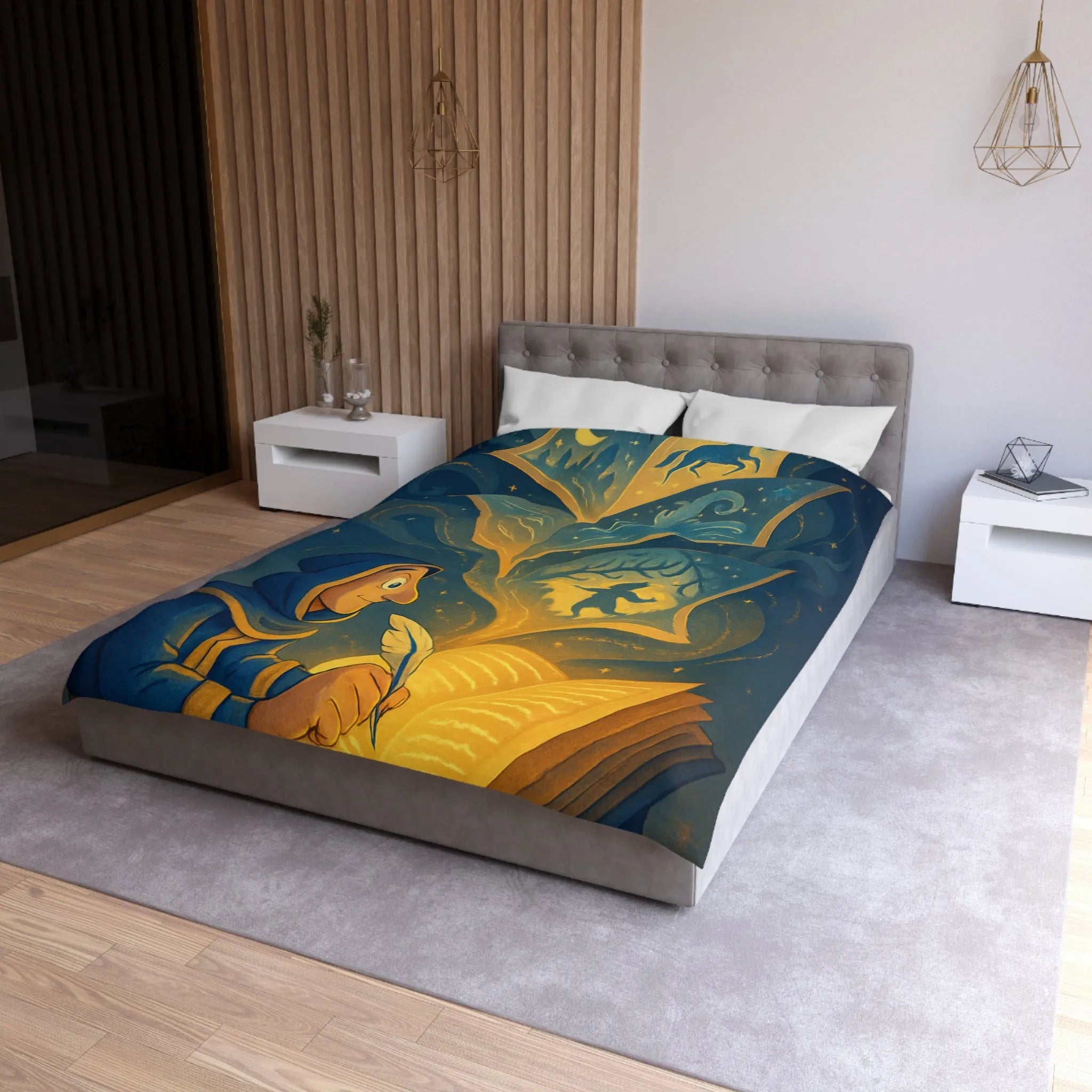 Housse de couette magique avec scène de conte illustrée et motifs féeriques scintillants