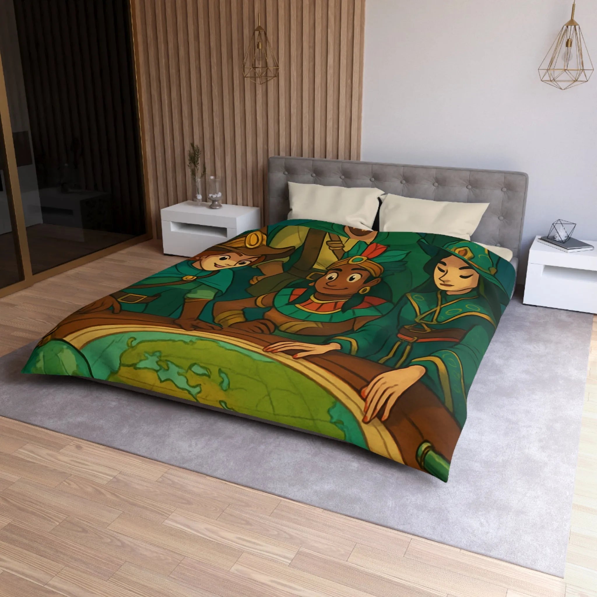 Housse de couette aventuriers explorateurs carte monde globe chapeaux costumes colorés ambiance ludique