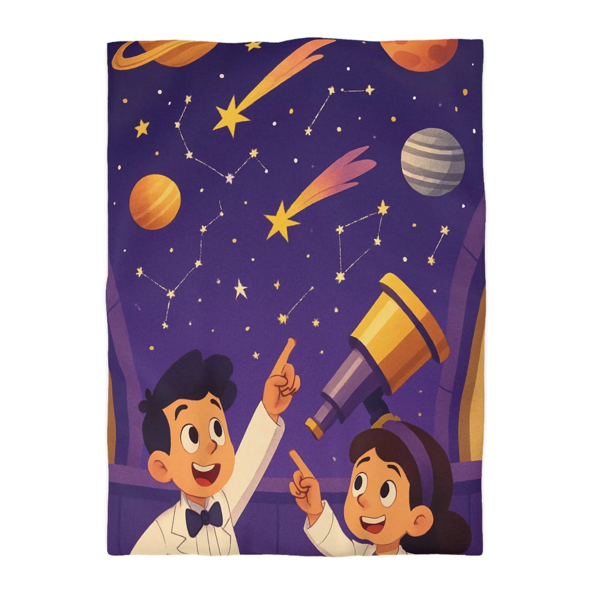 Housse de couette enfantine inspirée de l’astronomie avec planètes et étoiles colorées