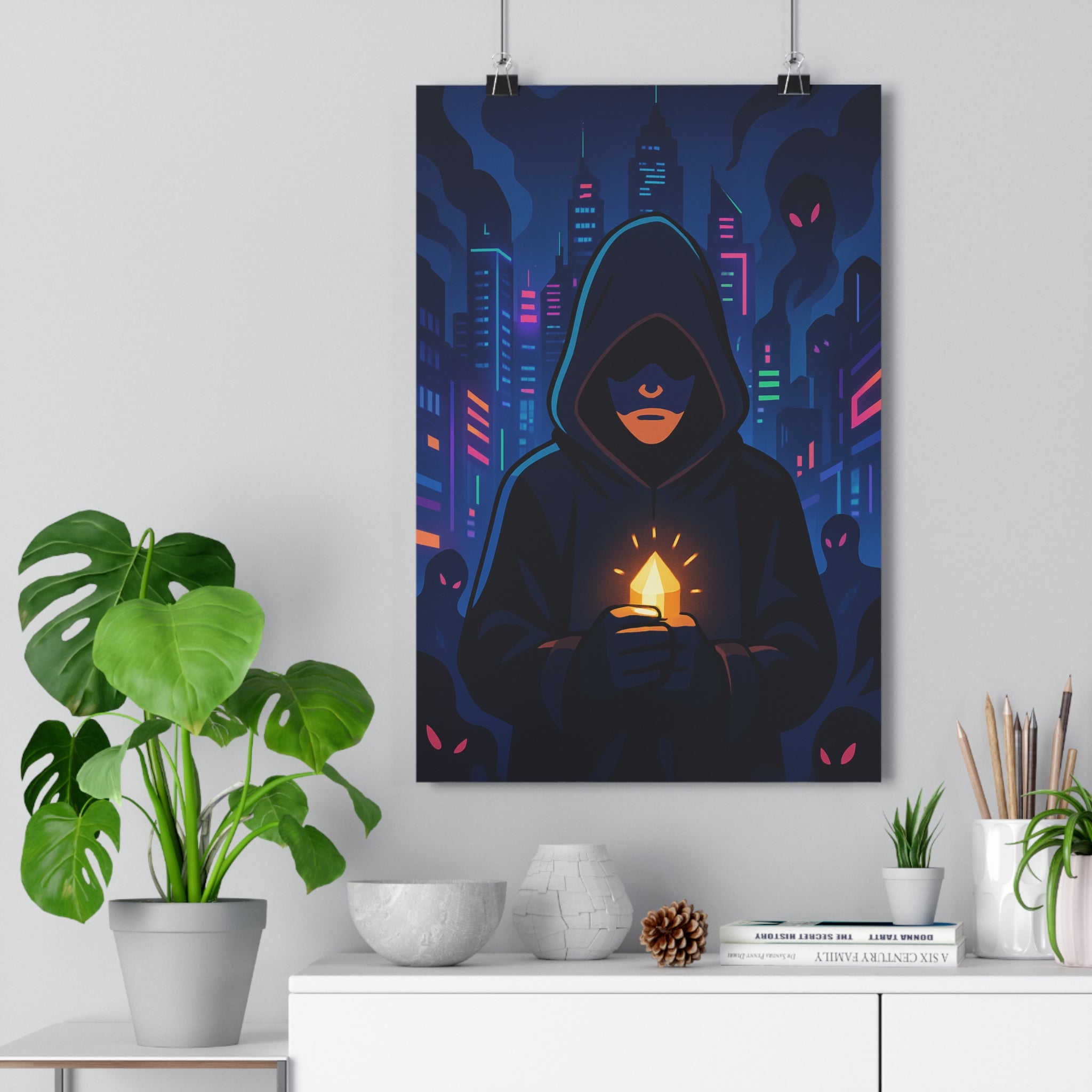 Poster décoratif mystérieux néon ombres ville silhouette moderne salon chambre ambiance unique qualité qualité