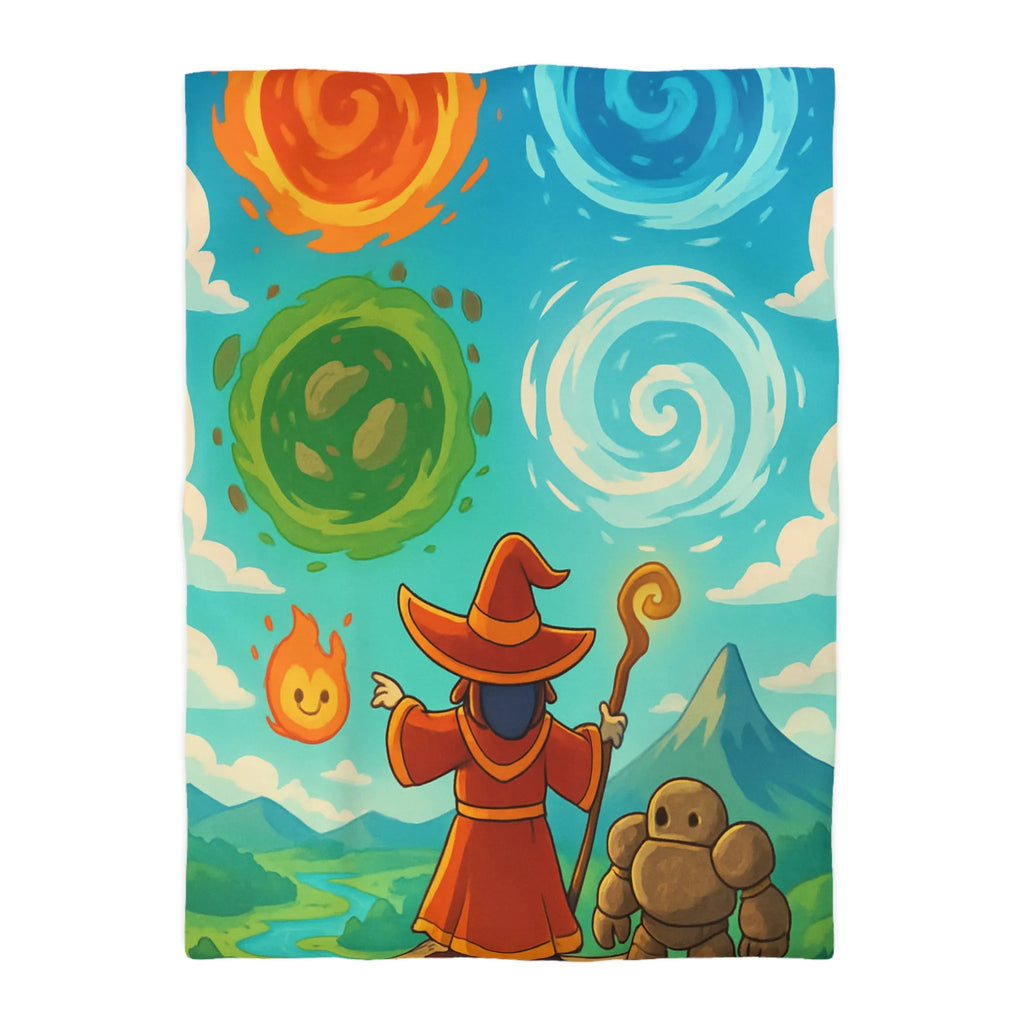 Housse de couette avec illustration magique de sorcier, élémentaires et paysage vibrant