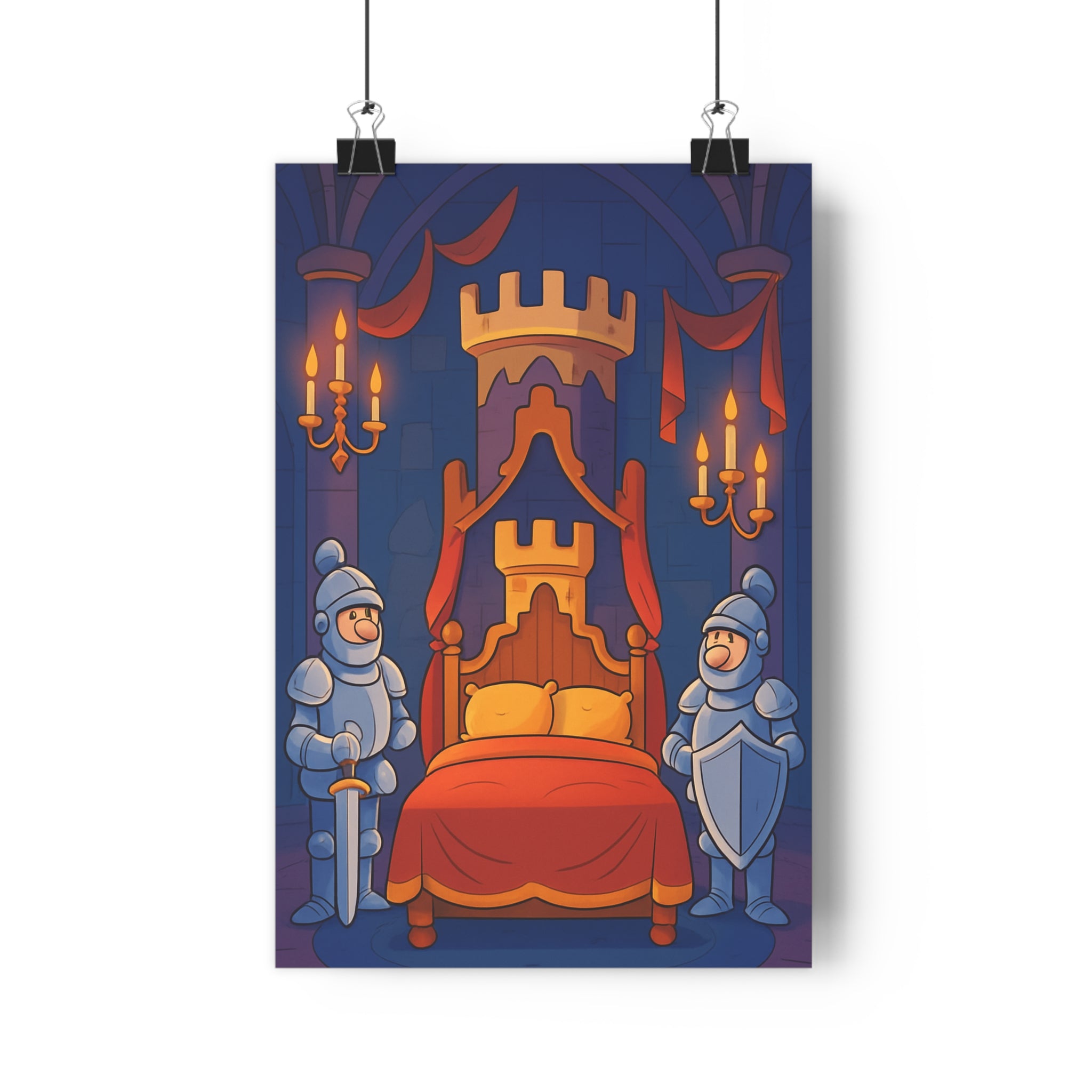 Poster décoratif médiéval bleu rouge aventure féerique chevaliers château enfant chambre ambiance élégante 30x46