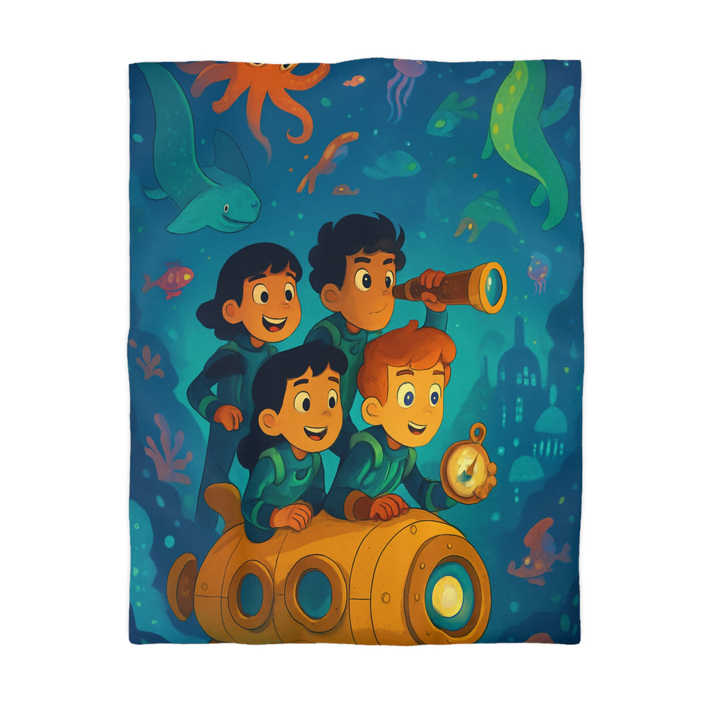 Housse de couette sous-marine avec enfants explorateurs et animaux marins joyeux
