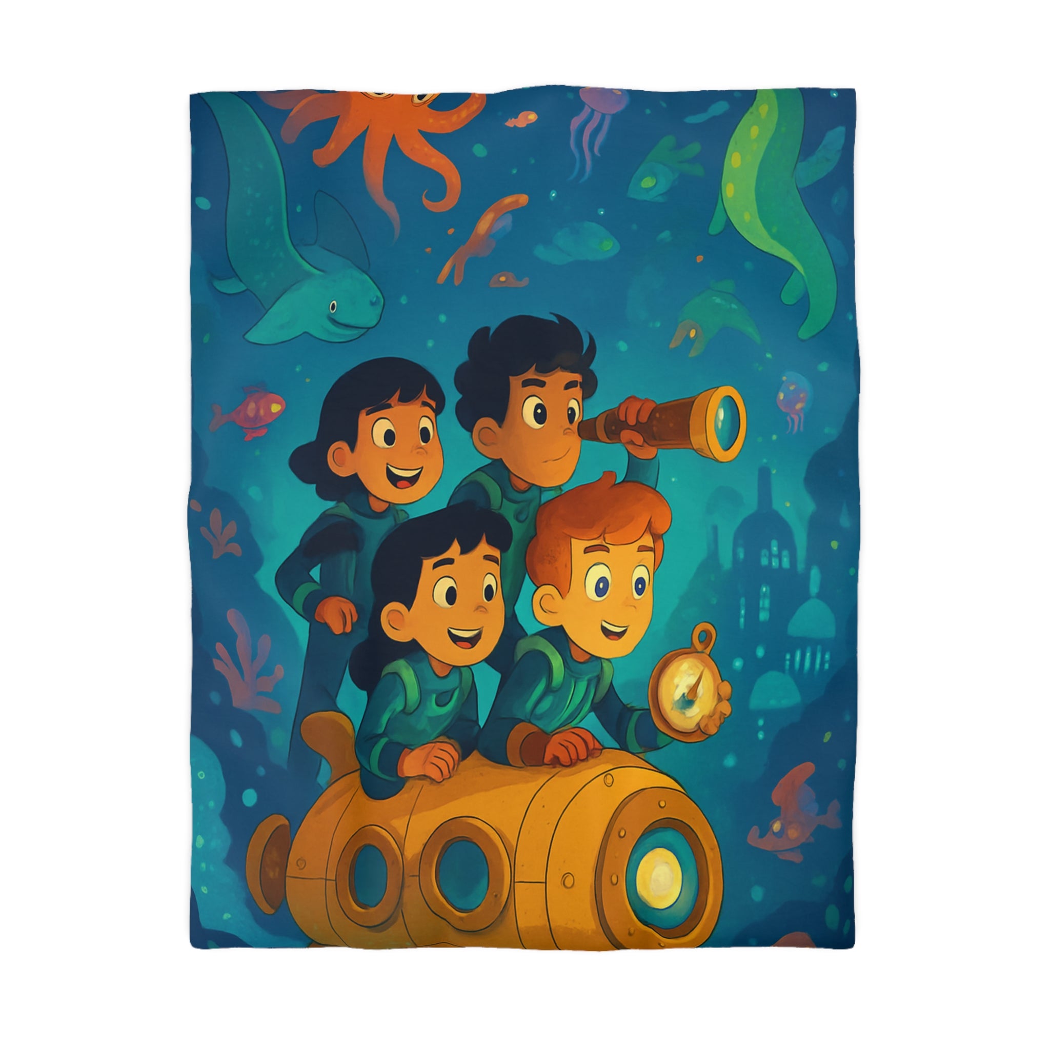 Housse de couette sous-marine avec enfants explorateurs et animaux marins joyeux
