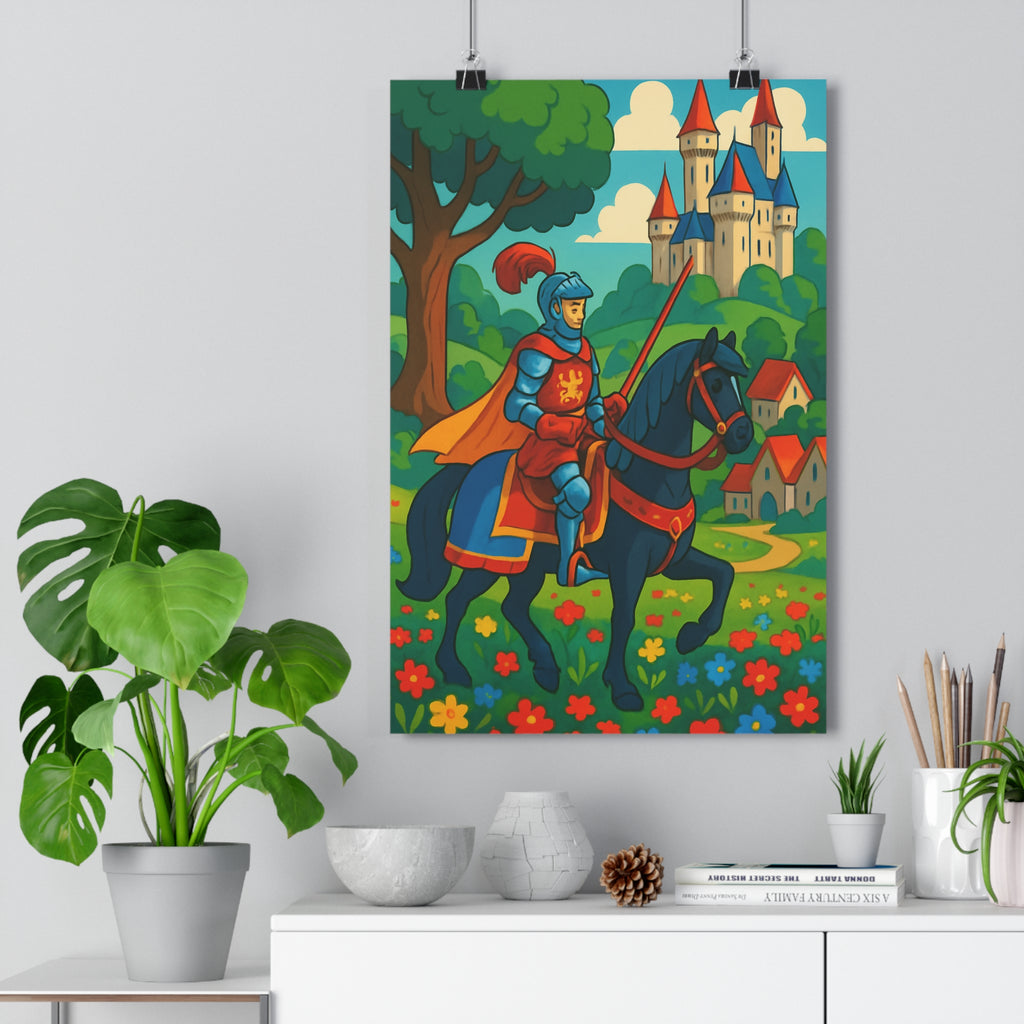Poster décoratif médiéval chevalier bleu rouge cheval noir château joyeux salon chambre fantasie mur