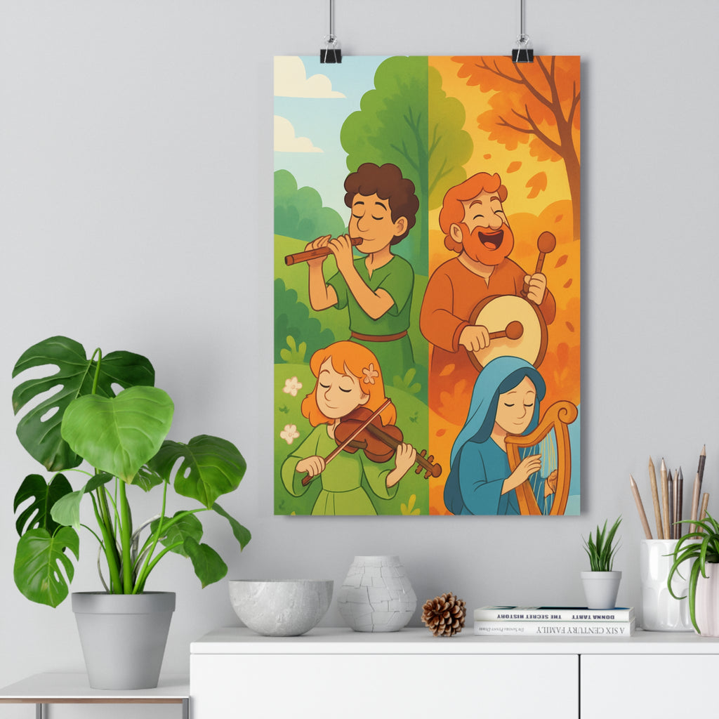 Poster décoratif fantaisie animée coloré joyeux saisons musique salon chambre créatif artistique vibrant unique