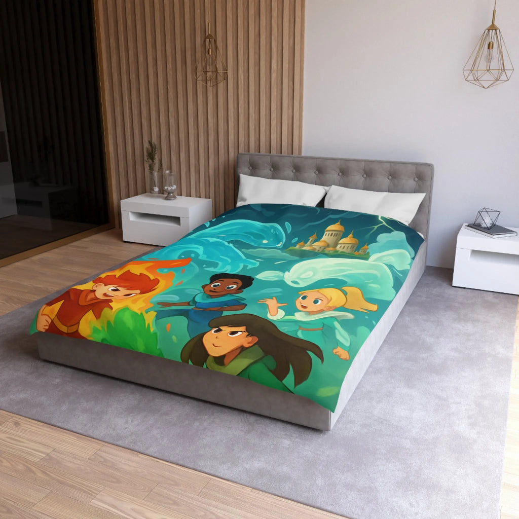 Housse de couette avec illustration de jeunes héros des éléments devant un château magique