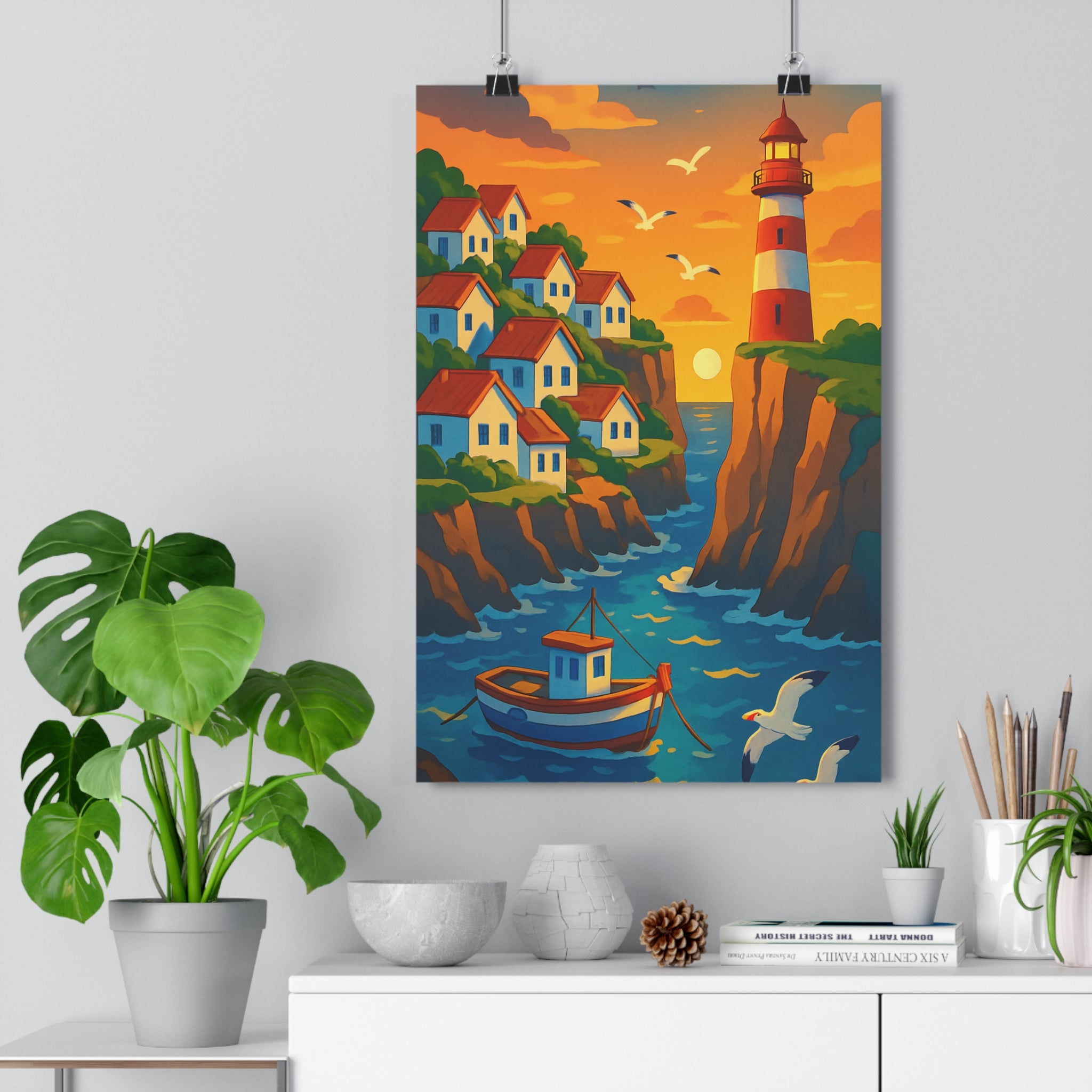 Poster décoratif coloré scène côtière paisible village maisons blanches salon moderne mer coucher soleil