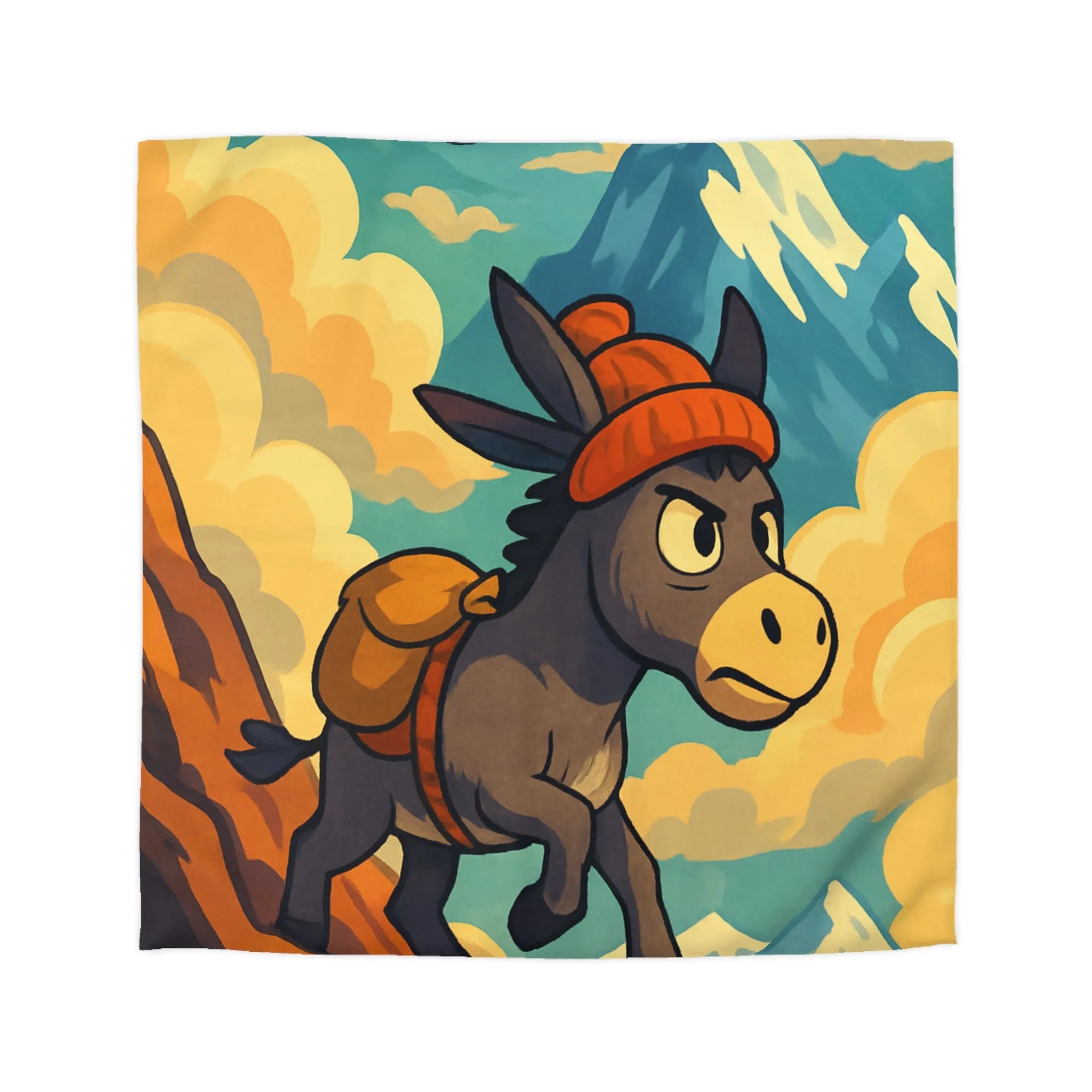 Housse de couette avec âne aventureux, montagnes enneigées et aigles majestueux colorés