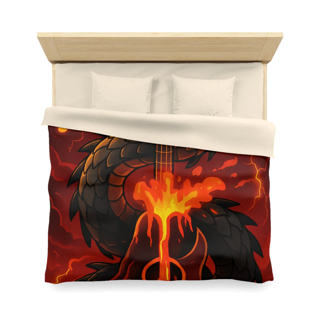 Housse de couette avec dragon noir majestueux et flammes incandescentes, ambiance épique