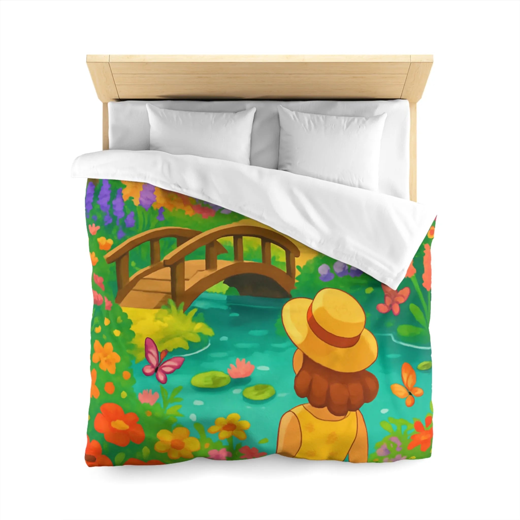 Housse de Couette Jardin Enchanté avec Pont et Papillons, Motif Vif et Coloré