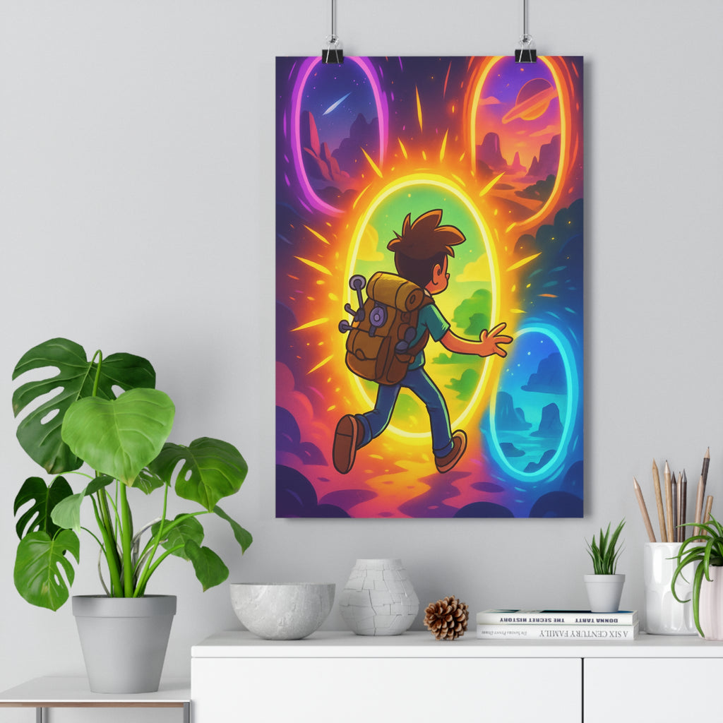 Poster décoratif aventure anime coloré jaune bleu violet orange chambre salon dynamique enfant exploration