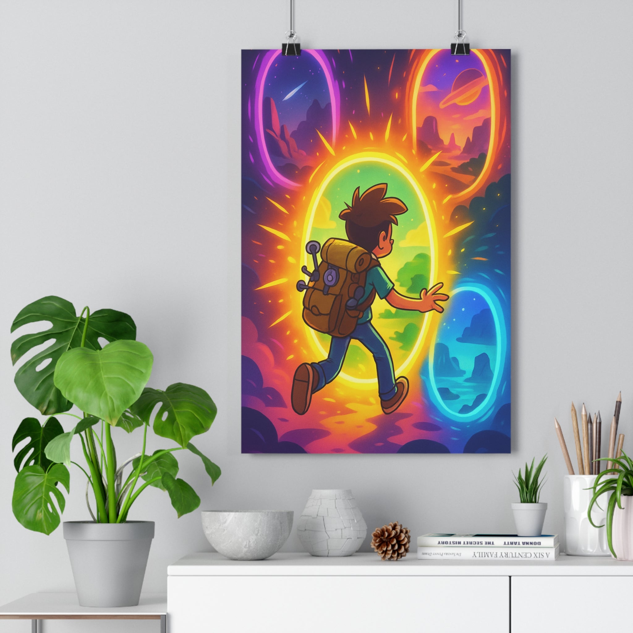 Poster décoratif aventure anime coloré jaune bleu violet orange chambre salon dynamique enfant exploration