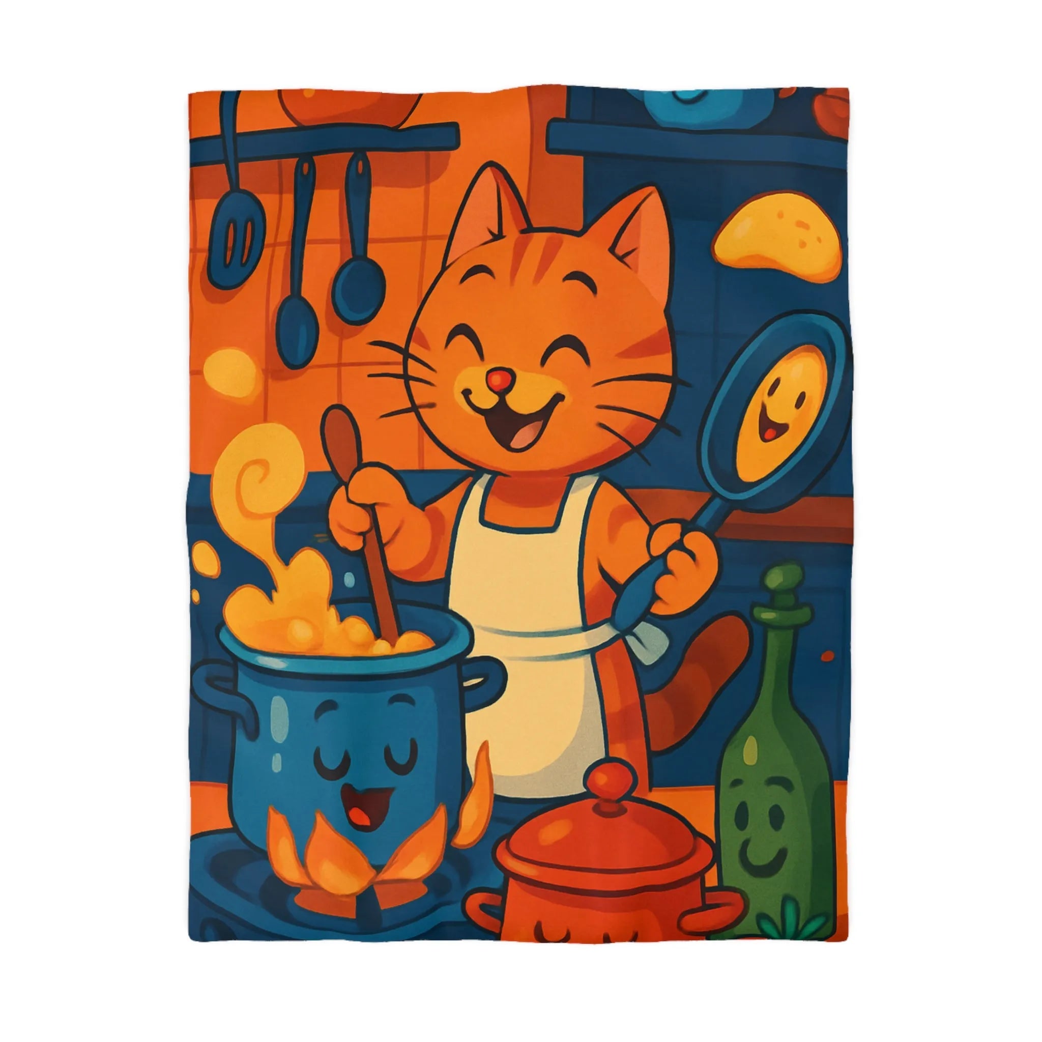 Adorable Chat Cuisinier Heureux dans une Cuisine Colorée et Animée avec Accessoires Joyeux