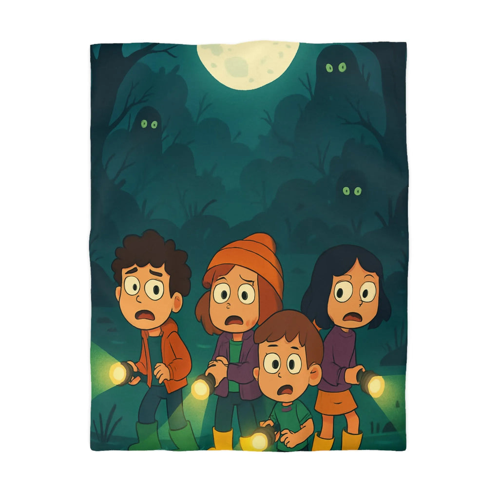 Housse de couette illustrée avec enfants explorant forêt mystérieuse par nuit de pleine lune