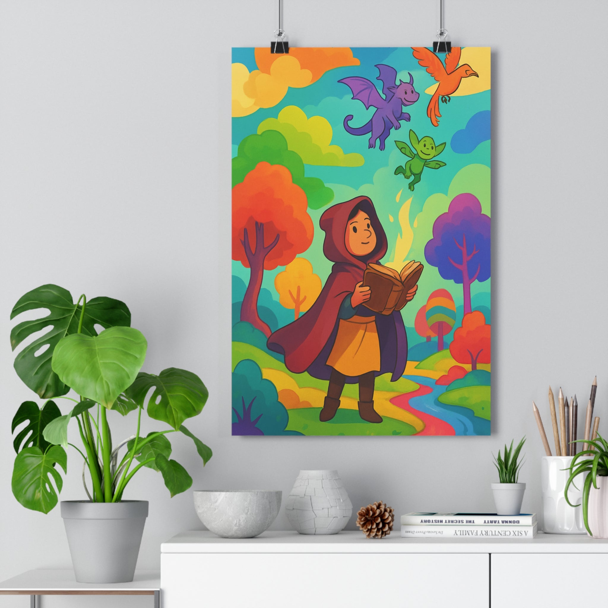 Poster décoratif fantastique rouge violet orange mystique aventure enfant chambre personnage créature coloré vibrant