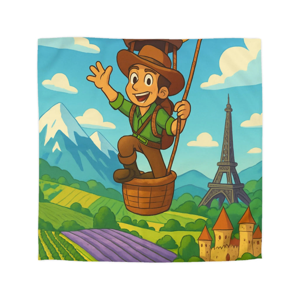 Charmant voyageur en montgolfière surplombant paysages français, champs et monuments emblématiques