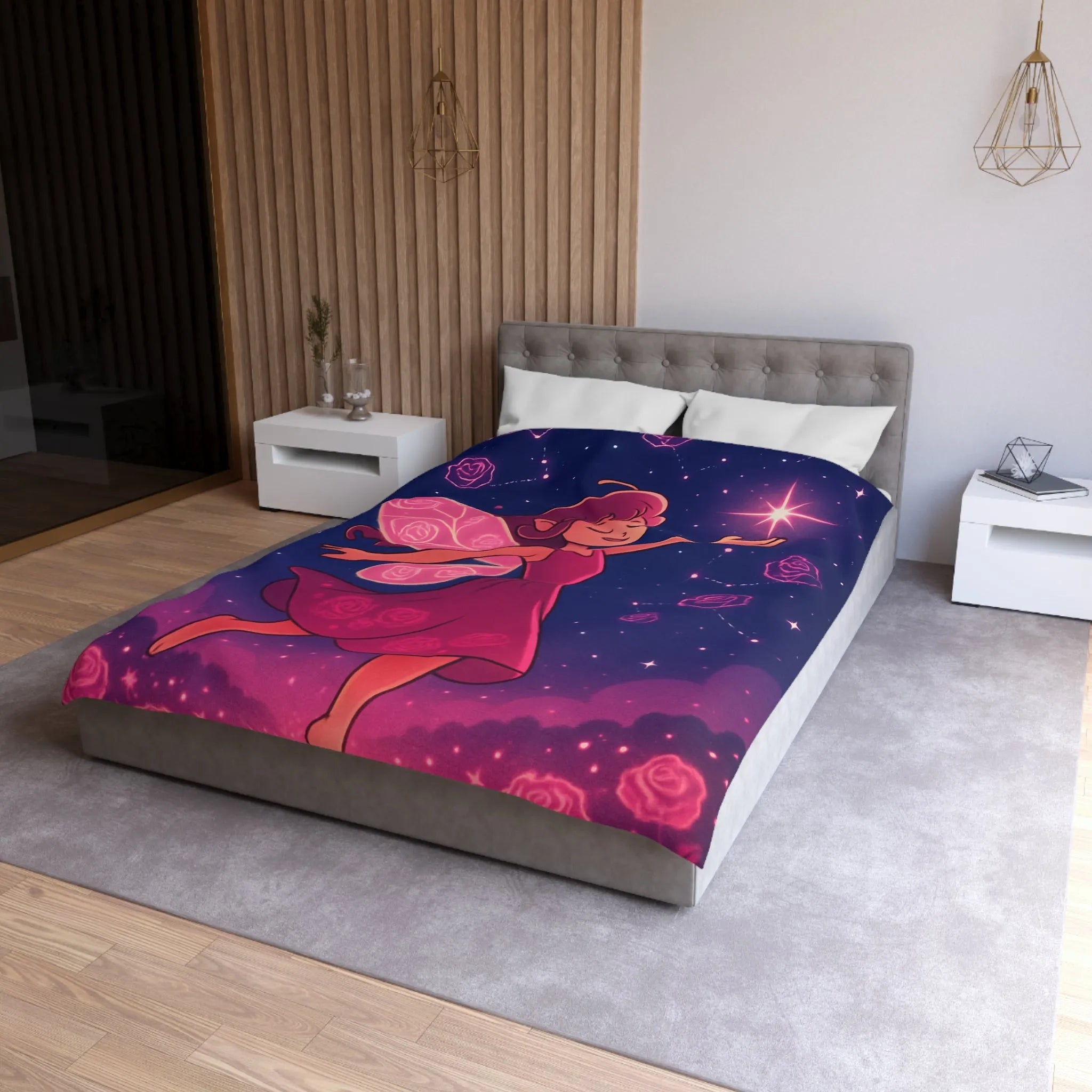 Enchanting Fairy with Wings and Glowing Roses under a Starry Night Sky