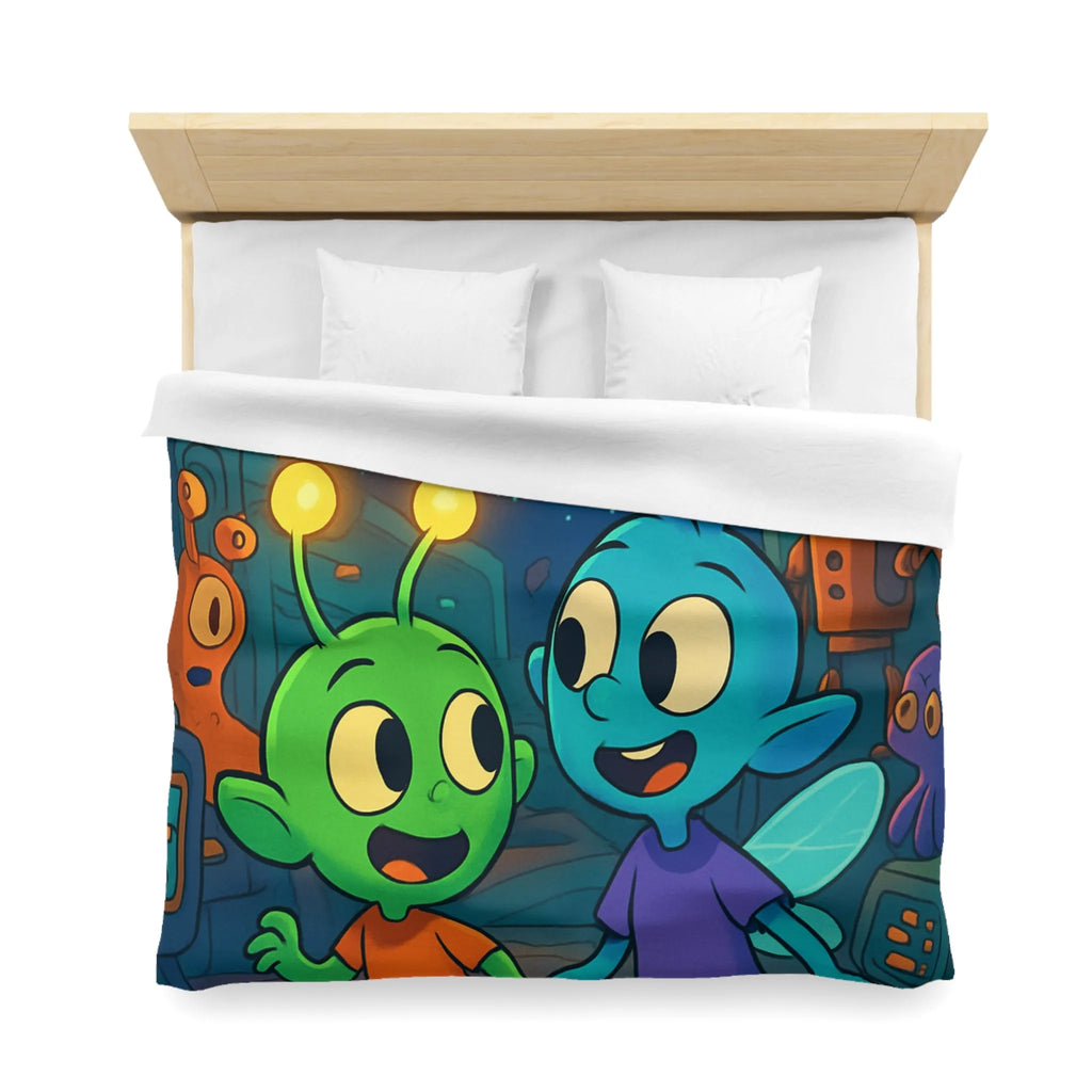 Housse de couette enfant extraterrestre bleu et vert dans vaisseau spatial coloré amusant