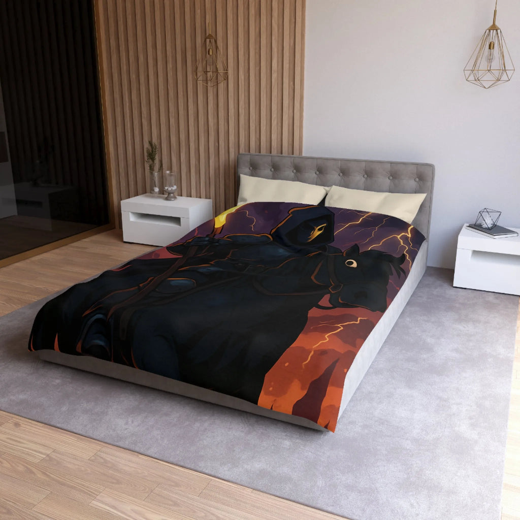 Housse de couette à motif intrigant avec faucheuse menaçante et cheval sombre en action