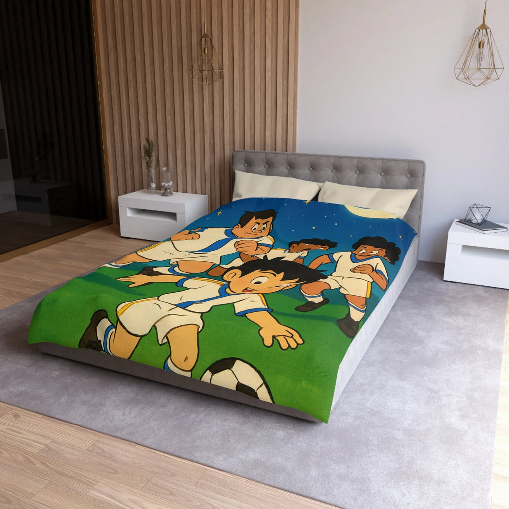 Housse de couette enfant illustrée football garçons jouant sous ciel étoilé nuit
