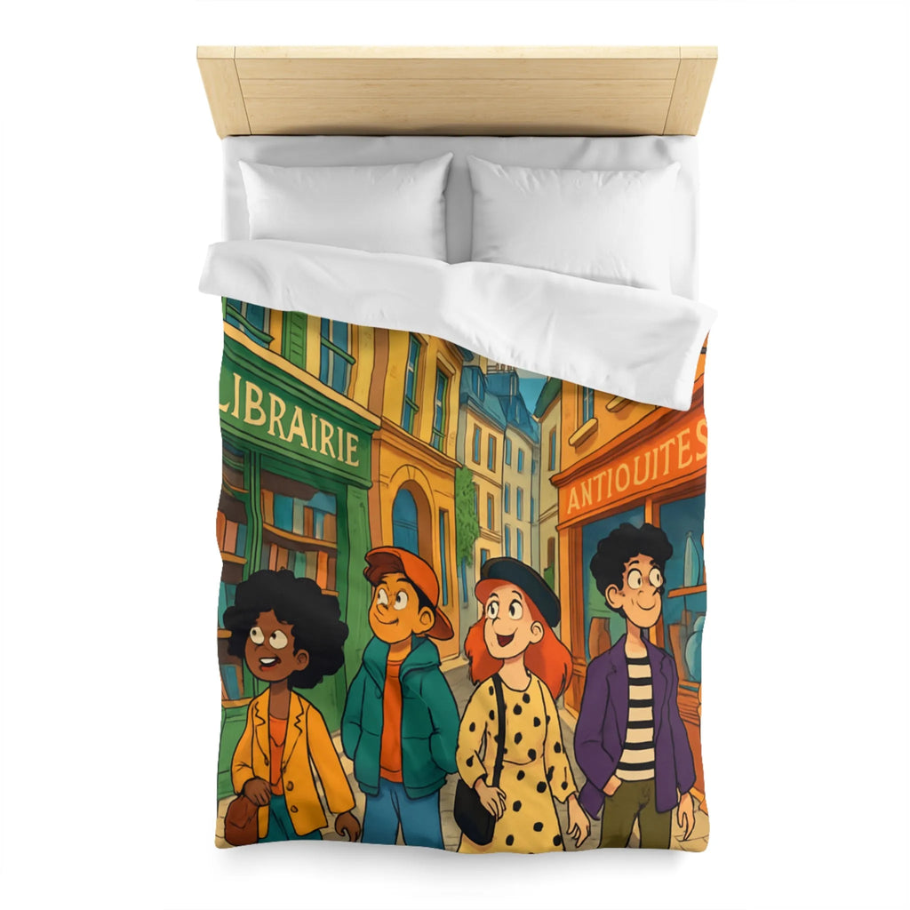 Housse de couette élégante avec design de rue parisienne animée et jeunes explorateurs