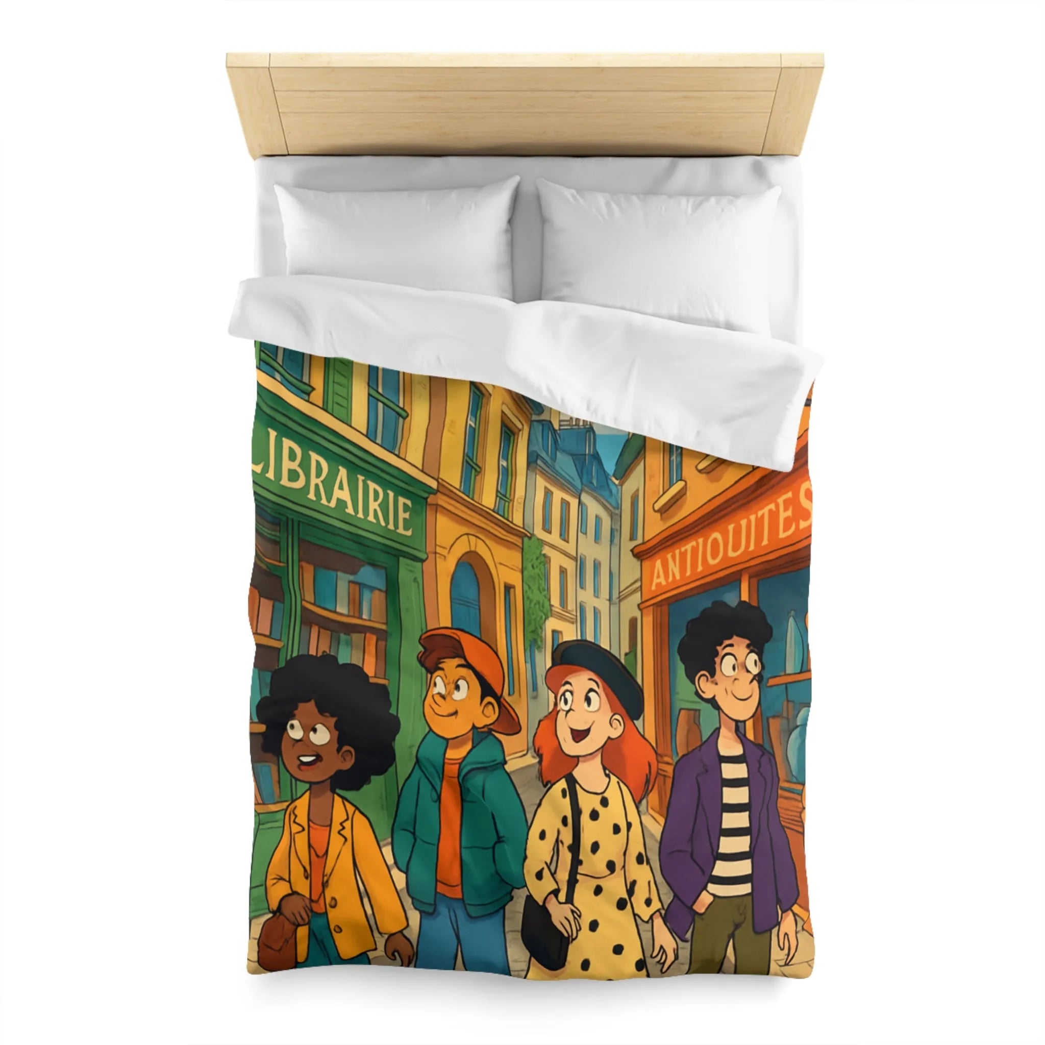 Housse de couette élégante avec design de rue parisienne animée et jeunes explorateurs