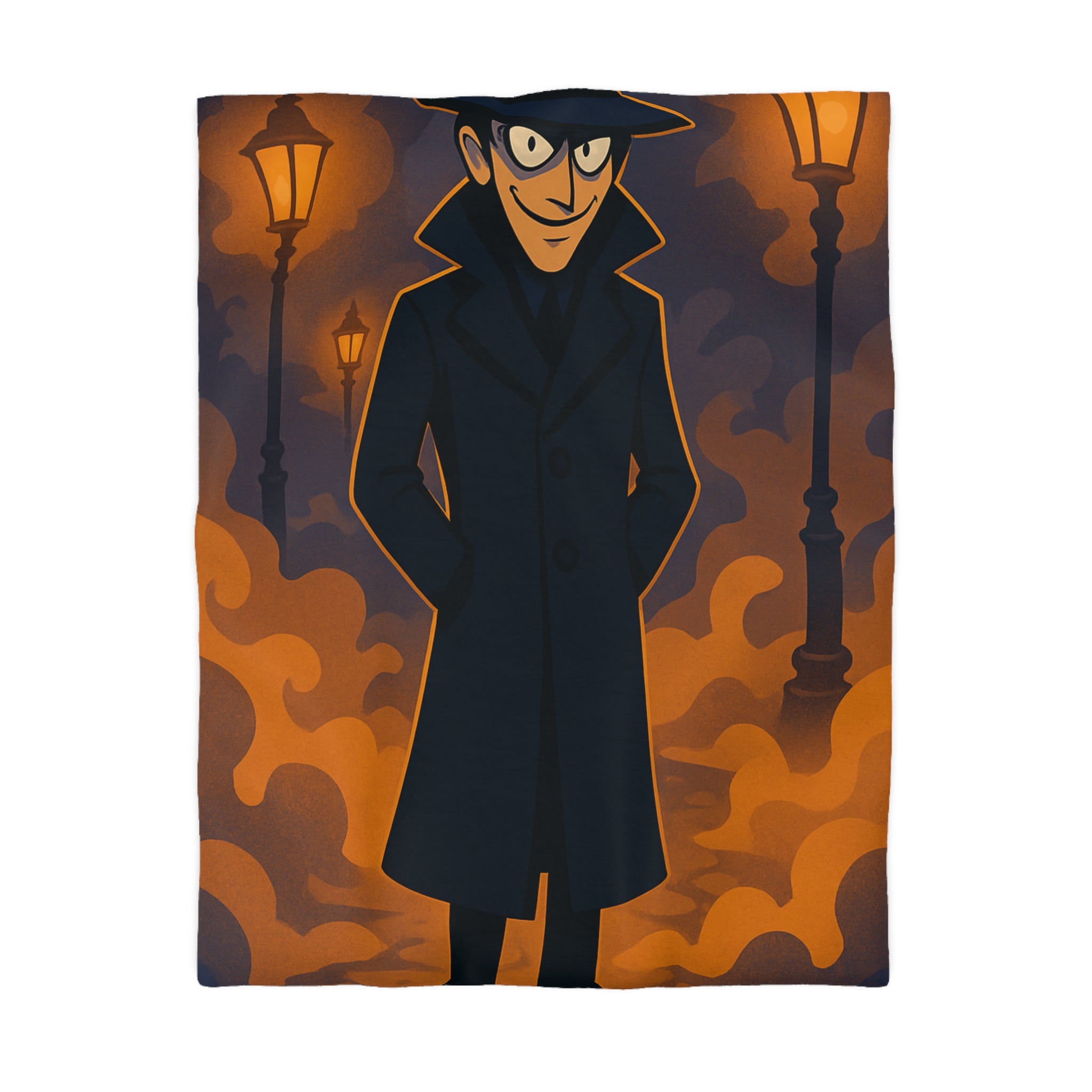 Housse de couette mystique détective en noir, décor urbain nocturne éclairé de lampadaires