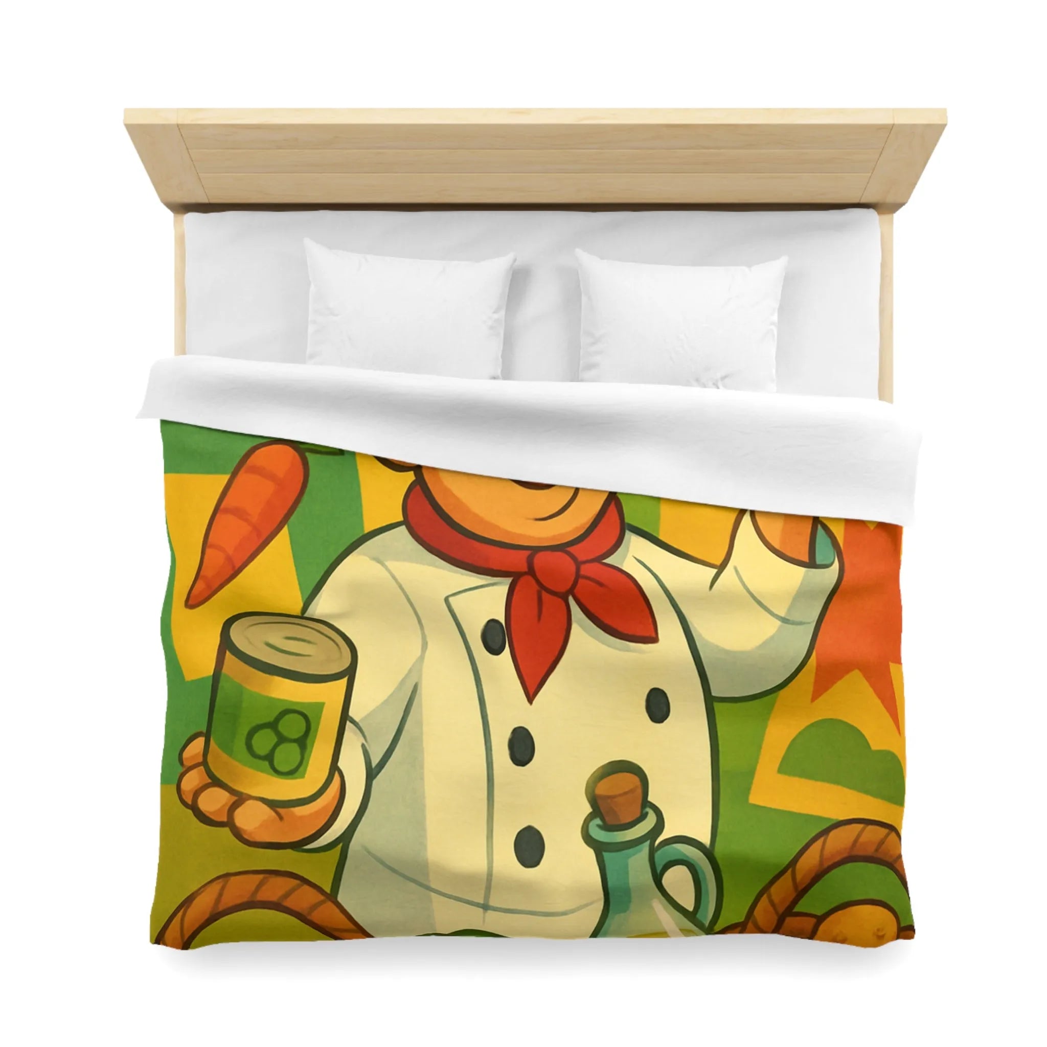 Housse de Couette Illustrée de Chef Heureux avec légumes et Pizza Méditerranéenne Colorée