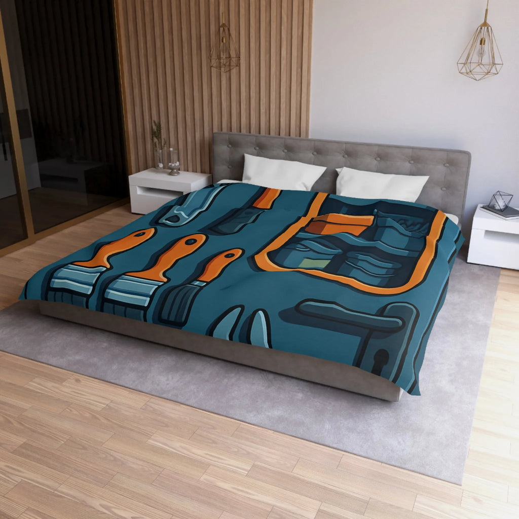 Housse de couette bleue avec outils et étagères pour atelier créatif moderne