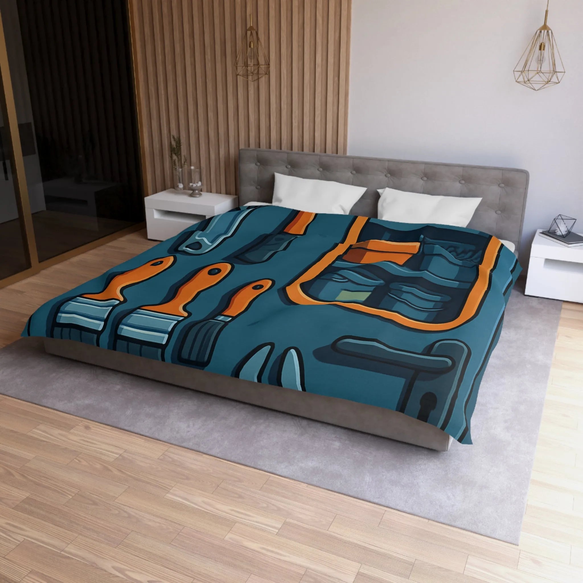 Housse de couette bleue avec outils et étagères pour atelier créatif moderne