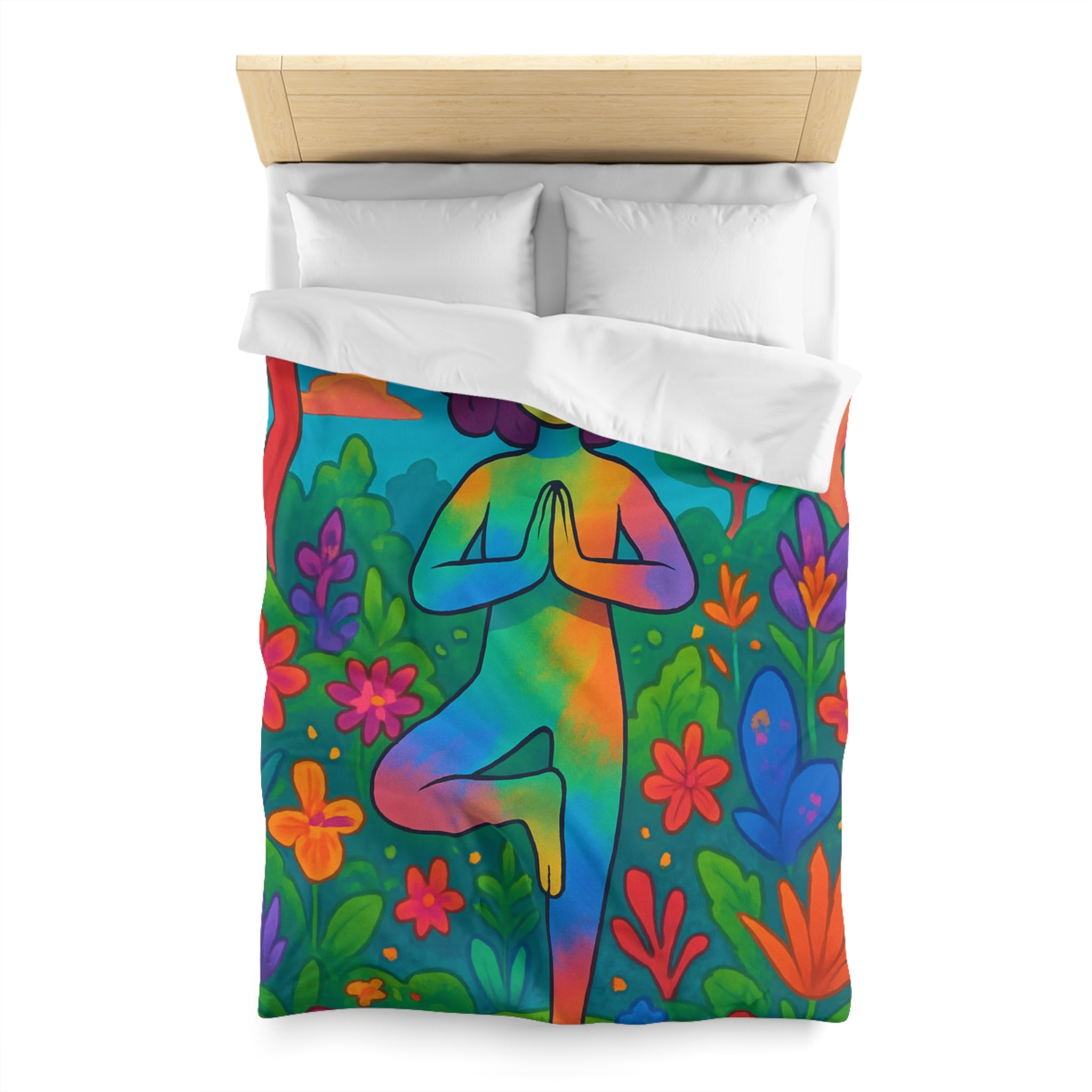 Housse de Couette avec Illustration Arc-en-Ciel d’une Personne Pratiquant le Yoga en Nature