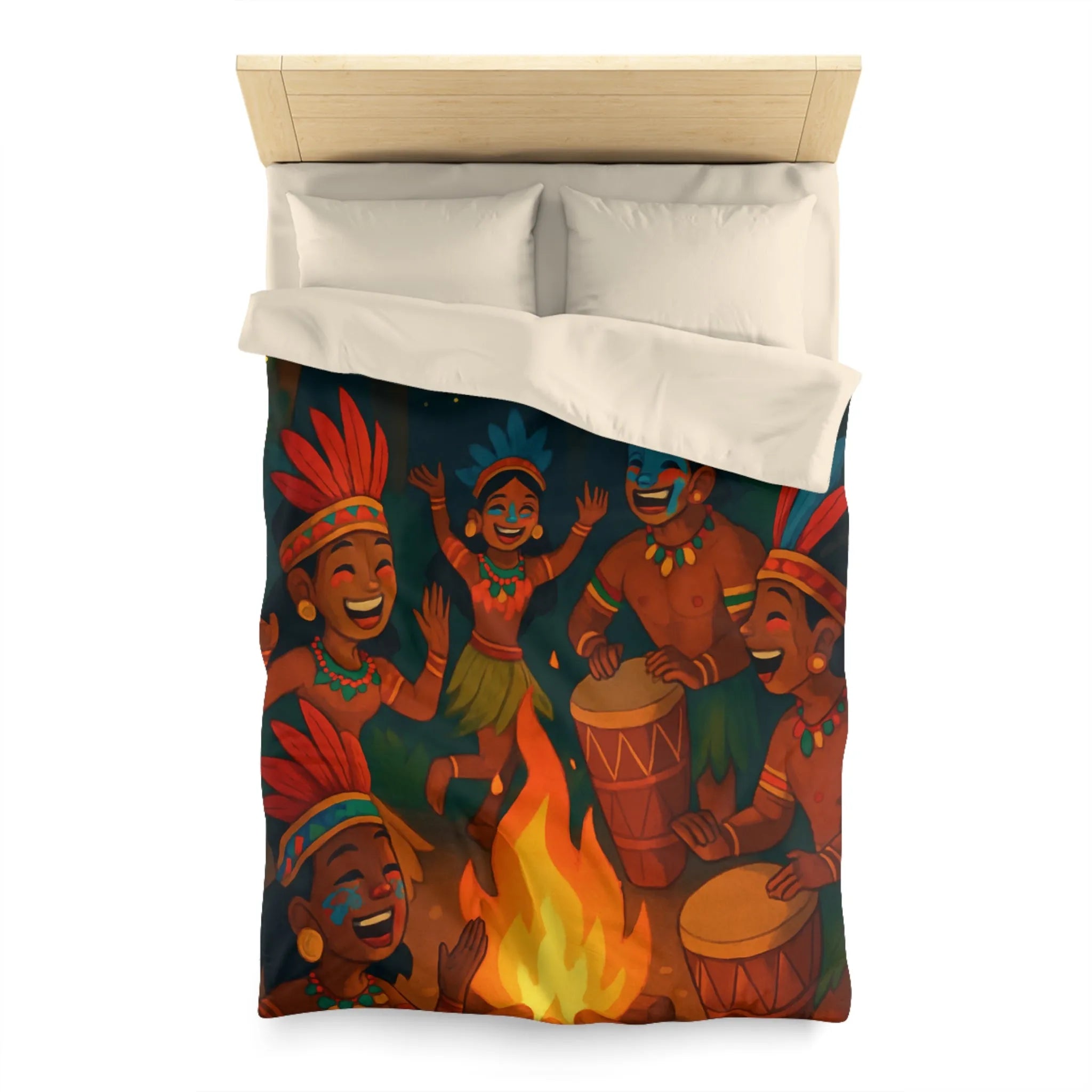 Housse de couette colorée avec illustration de danse tribale autour d'un feu de camp