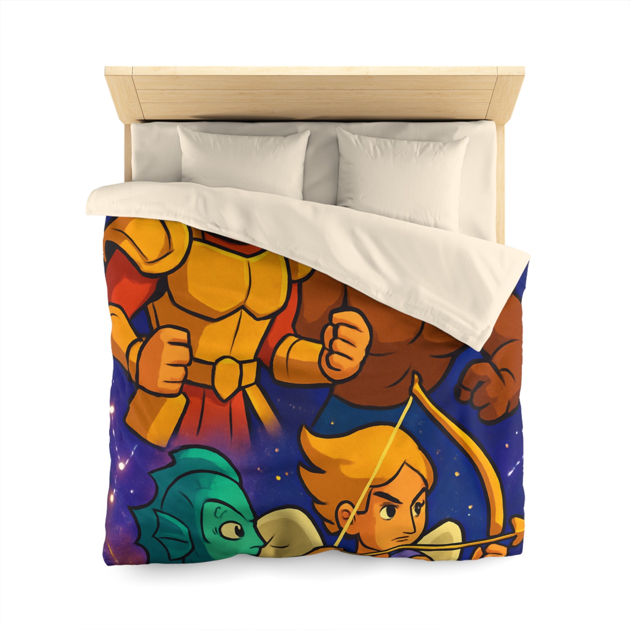 Housse de couette zodiaque illustrée avec chevalier, taureau, ange et créature marine