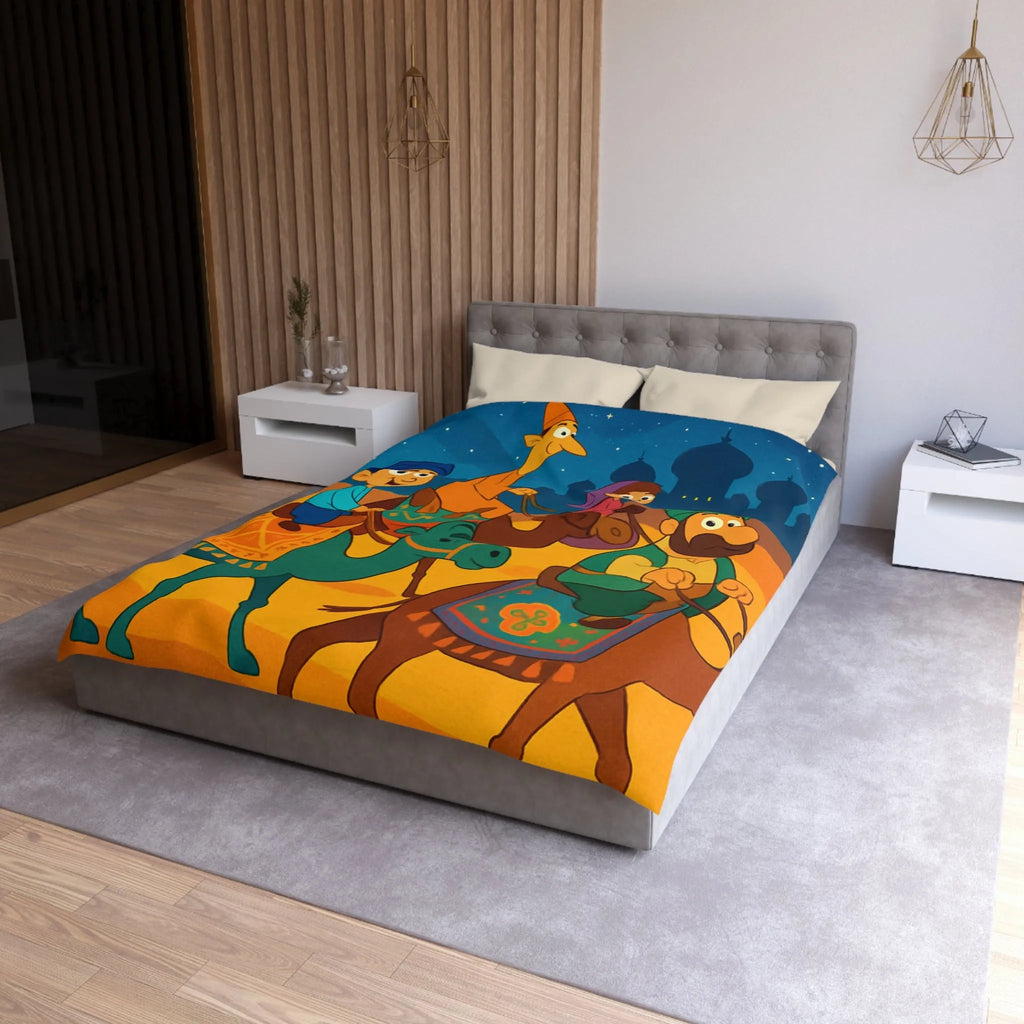 Housse de couette illustrée des enfants et chameaux sous un ciel étoilé magique