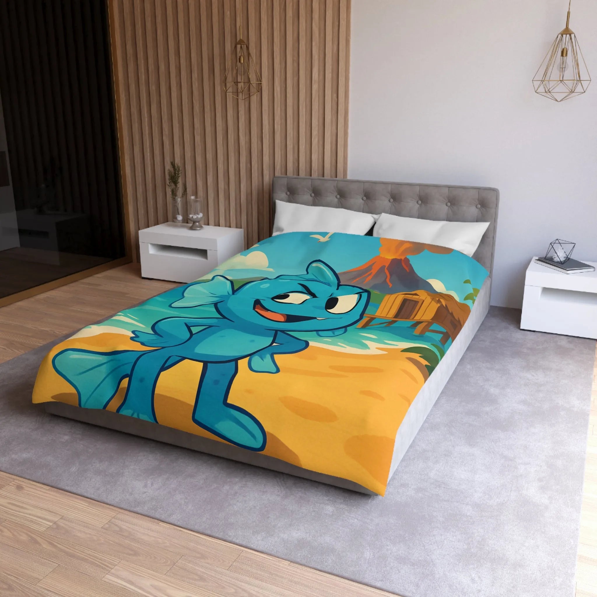 Housse de couette île tropicale avec poisson bleu et volcan en arrière-plan