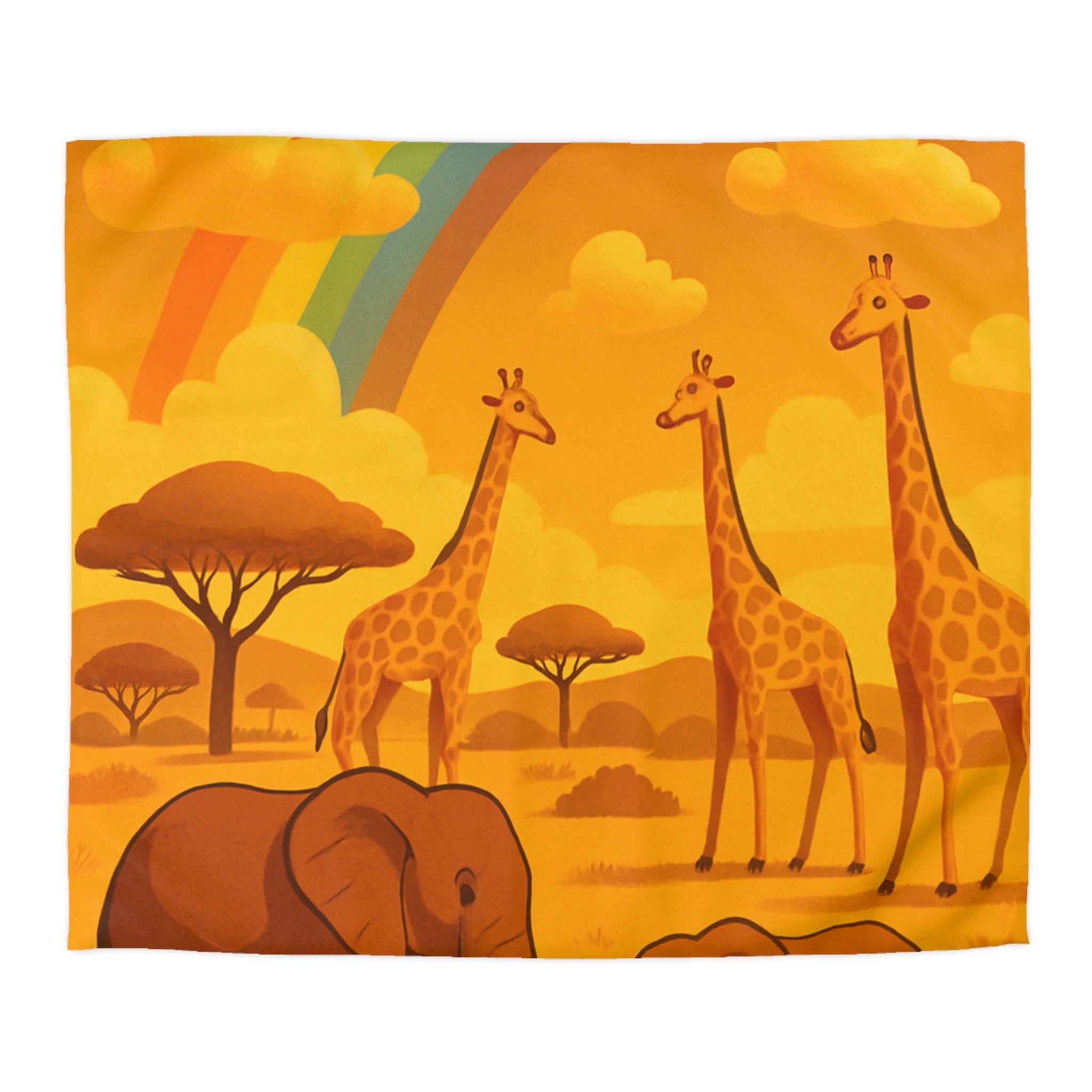 Housse de couette safari enfant avec éléphants, girafes et arc-en-ciel vibrant
