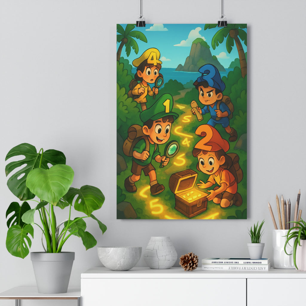 Poster décoratif aventure enfants joyeux coloré vert bleu chambre cartoon ludique exploration découverte excitant