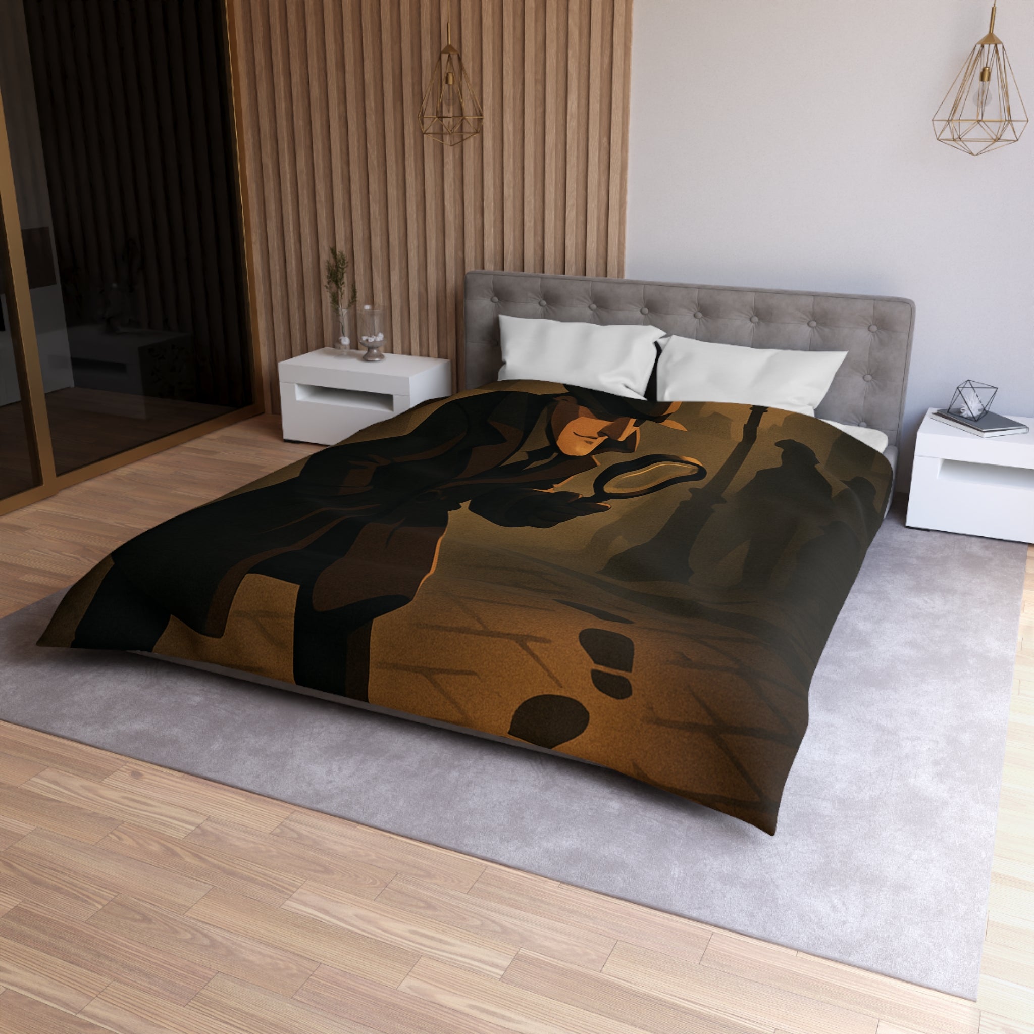 Housse de couette mystérieuse détective sombre rue nocturne silhouette investigation piste intrigante