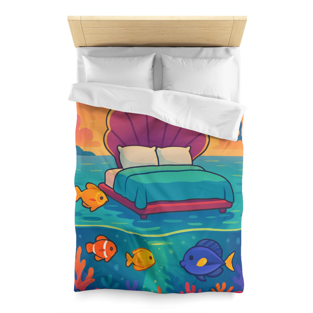 Housse de couette océan, lit coquillage, poissons tropicaux, ambiance coucher de soleil