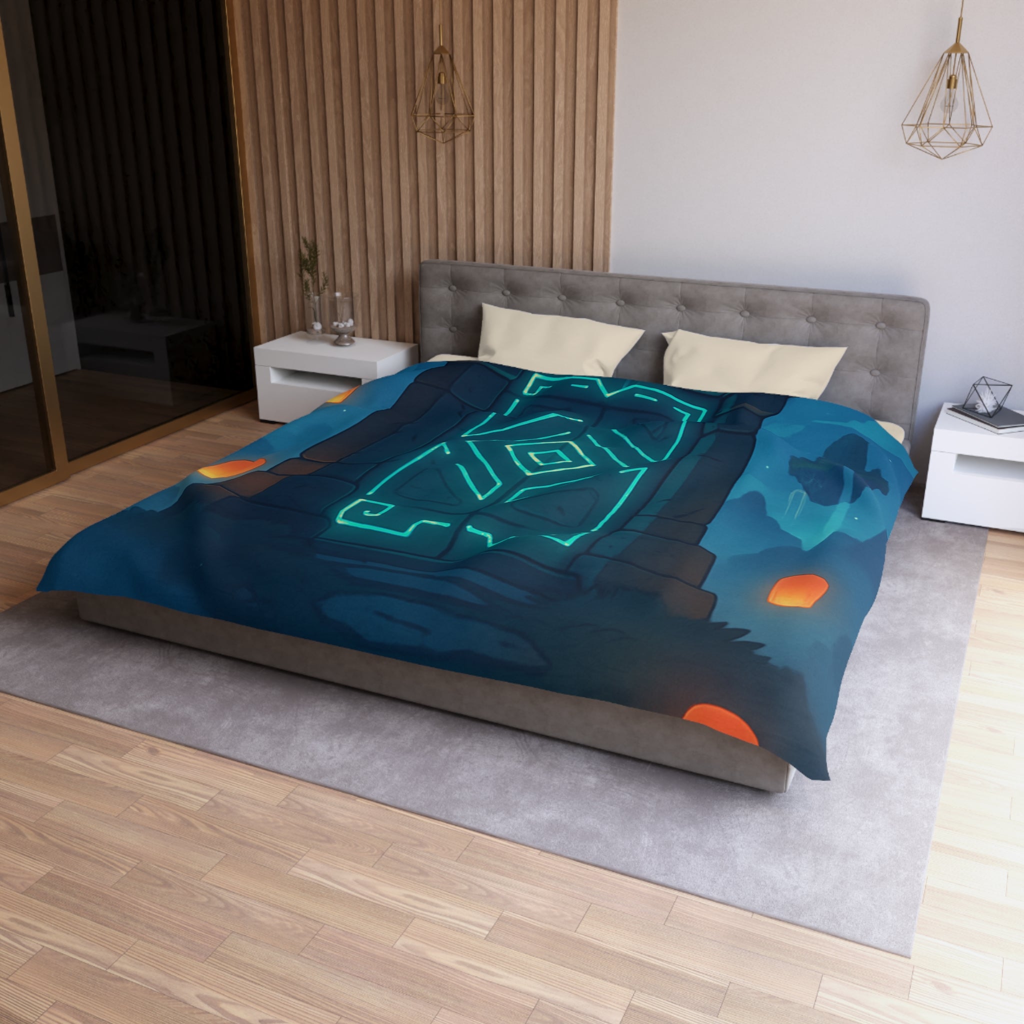 Housse de couette mystérieuse avec portail magique et lanternes flottantes sous ciel étoilé